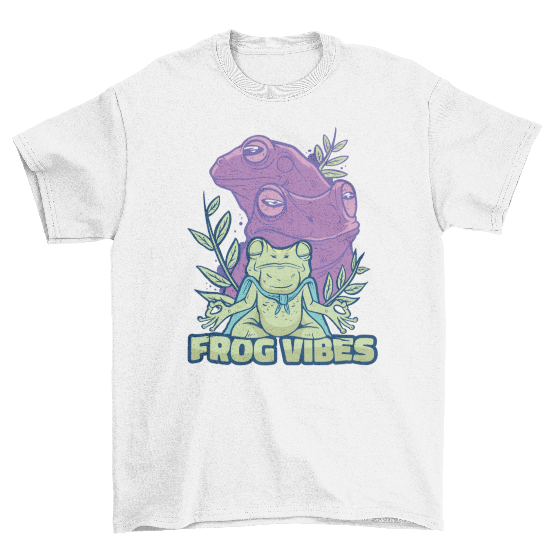 Frog Vibes T-Shirt featuring a meditating frog illustration with the caption 'Frog vibes'.