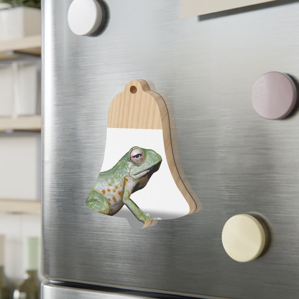 A collection of Frog Wooden Christmas Ornaments in various whimsical shapes, featuring a rustic wood finish and red ribbons for hanging.