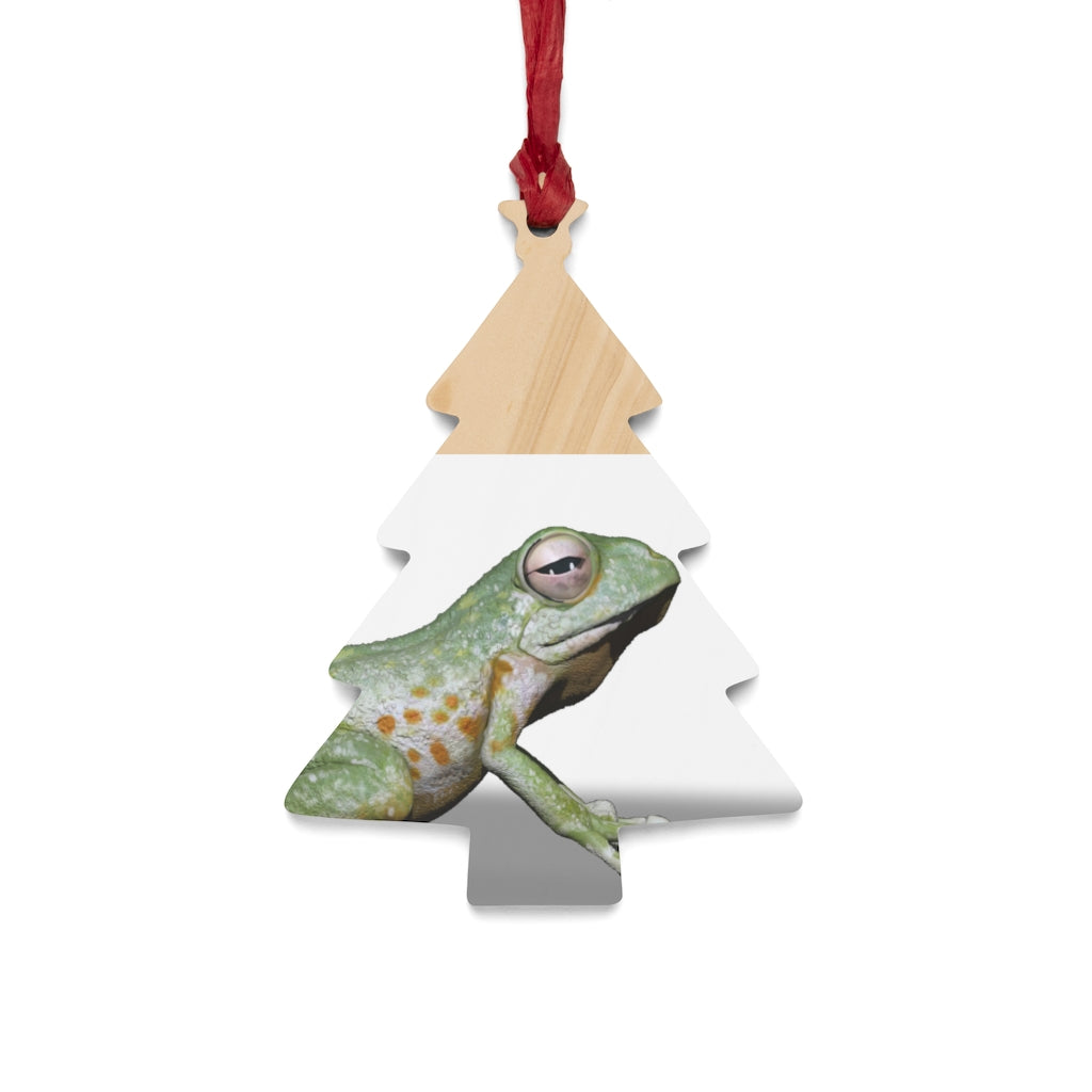 A collection of Frog Wooden Christmas Ornaments in various whimsical shapes, featuring a rustic wood finish and red ribbons for hanging.