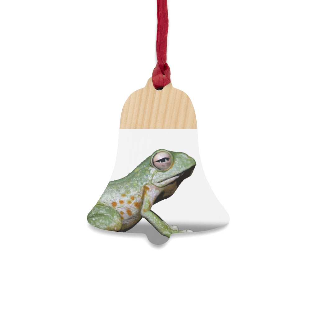 A collection of Frog Wooden Christmas Ornaments in various whimsical shapes, featuring a rustic wood finish and red ribbons for hanging.