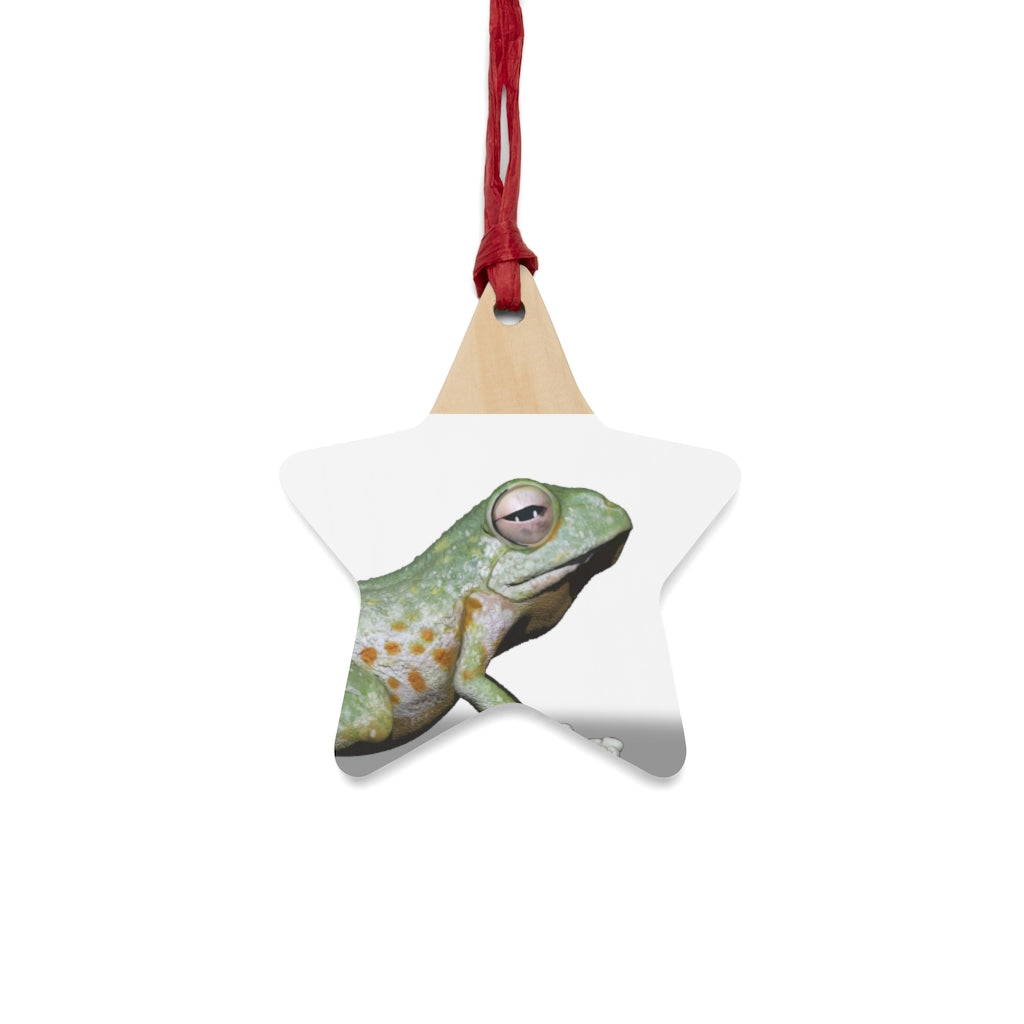 A collection of Frog Wooden Christmas Ornaments in various whimsical shapes, featuring a rustic wood finish and red ribbons for hanging.