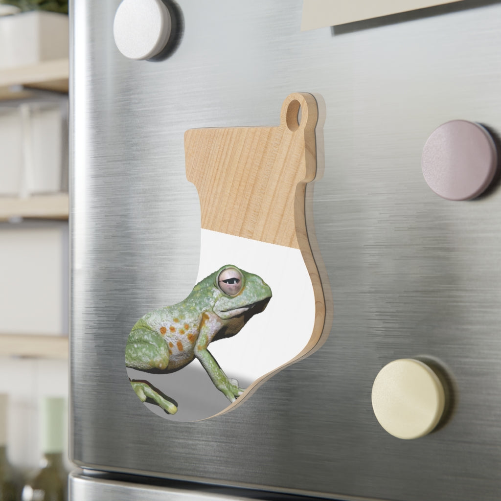 A collection of Frog Wooden Christmas Ornaments in various whimsical shapes, featuring a rustic wood finish and red ribbons for hanging.