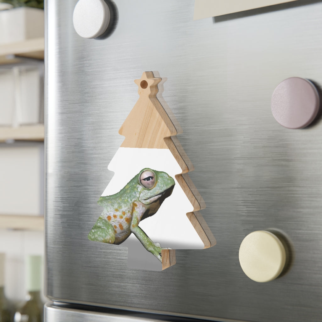 A collection of Frog Wooden Christmas Ornaments in various whimsical shapes, featuring a rustic wood finish and red ribbons for hanging.