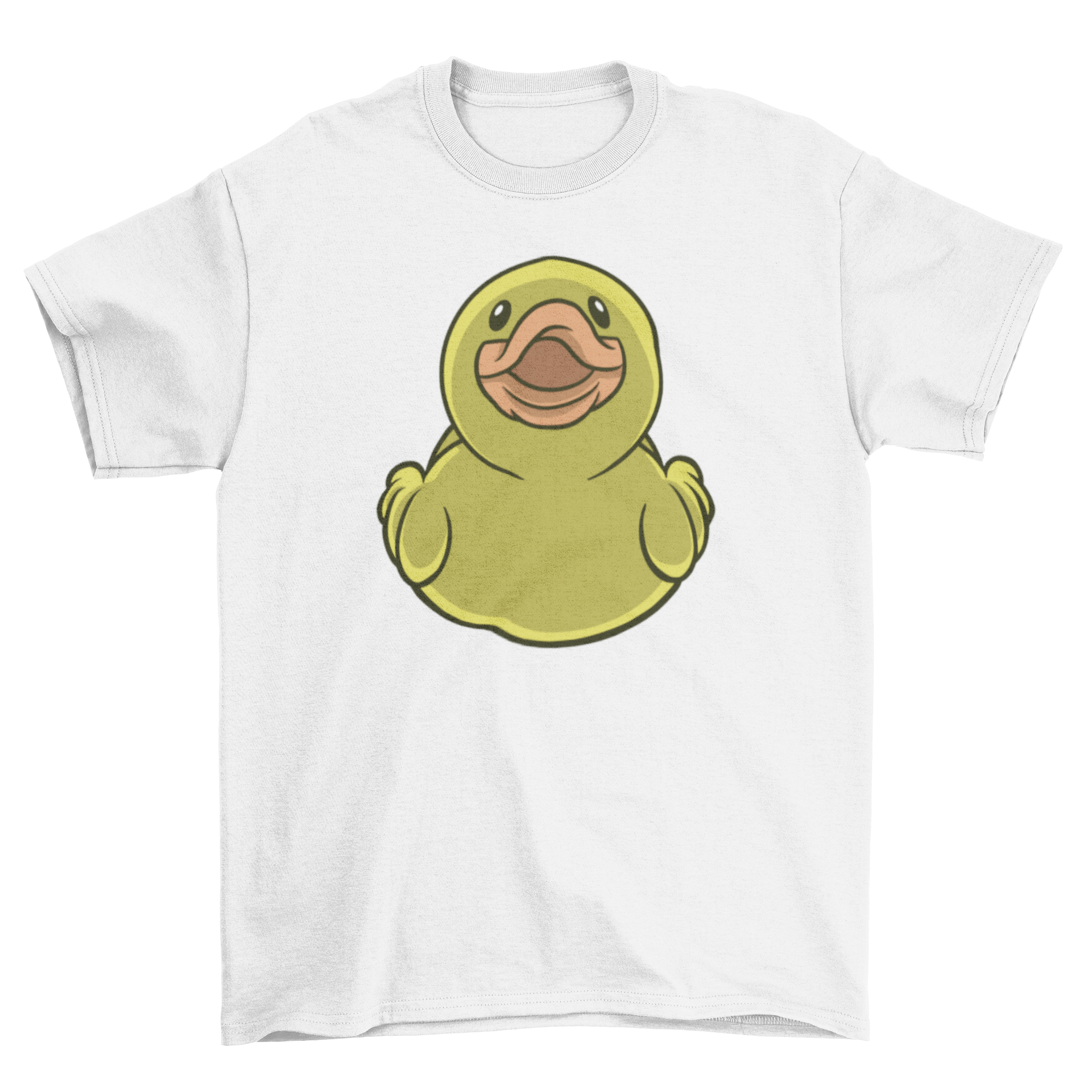 A vibrant t-shirt featuring a frontal view of a rubber duck, showcasing its playful design.