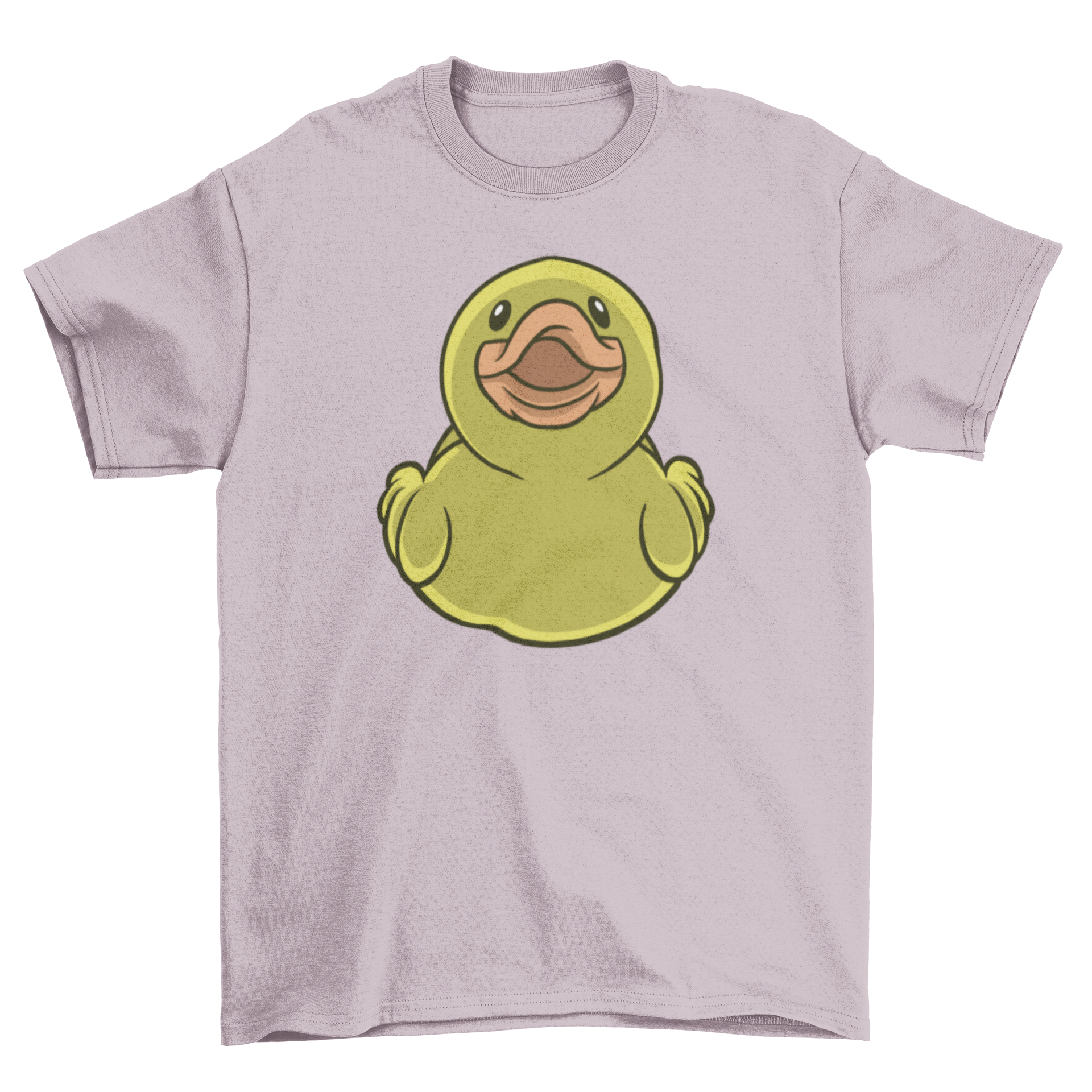 A vibrant t-shirt featuring a frontal view of a rubber duck, showcasing its playful design.