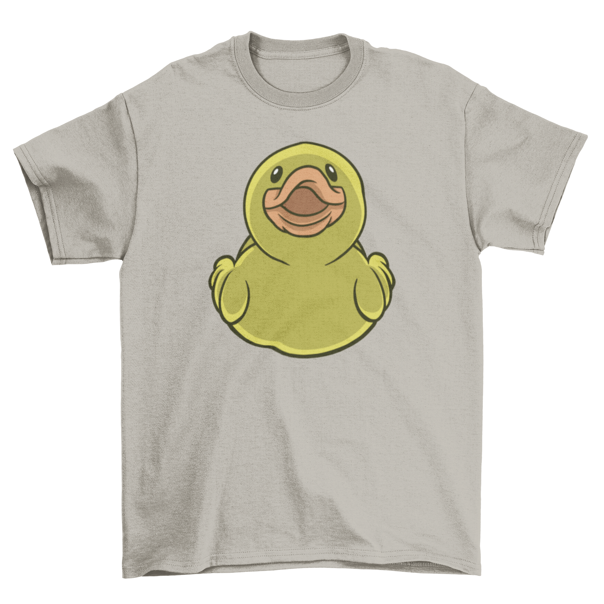 A vibrant t-shirt featuring a frontal view of a rubber duck, showcasing its playful design.