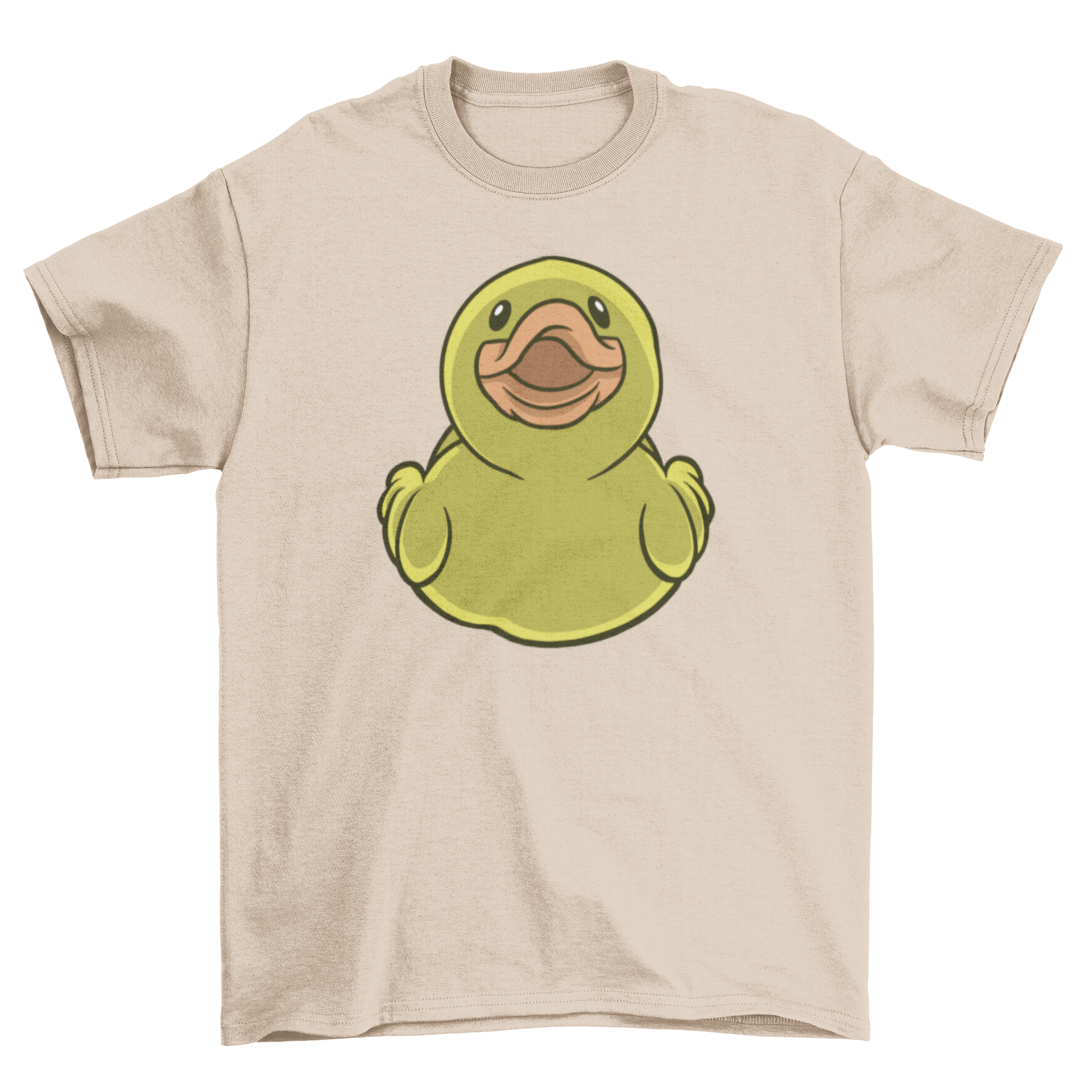 A vibrant t-shirt featuring a frontal view of a rubber duck, showcasing its playful design.