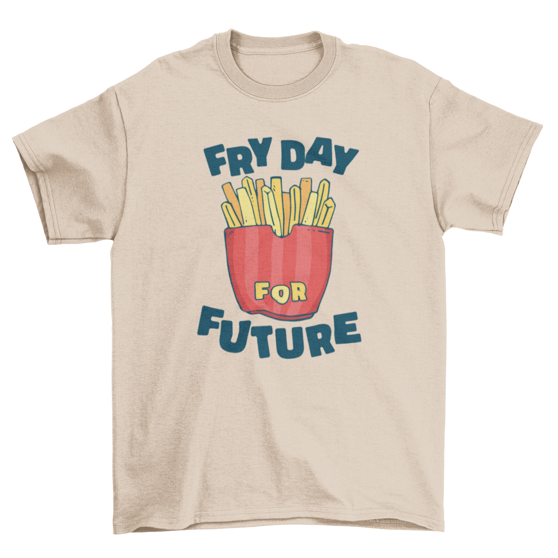 A humorous t-shirt featuring French fries and the quote 'Fry Day for Future', perfect for food lovers.