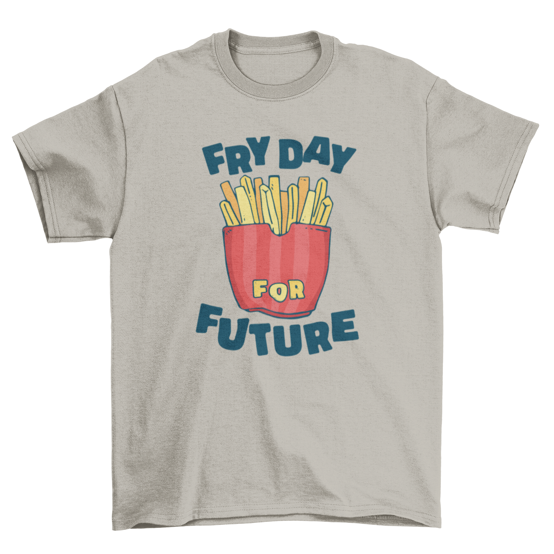 A humorous t-shirt featuring French fries and the quote 'Fry Day for Future', perfect for food lovers.