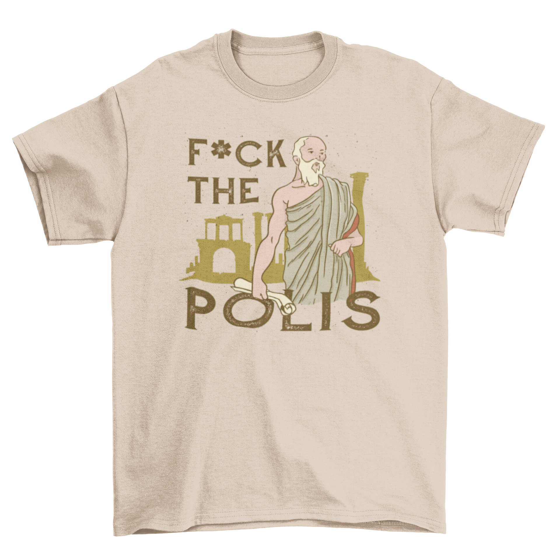 A stylish t-shirt featuring the quote 'F*ck the polis' with an illustration of an ancient Greek man.