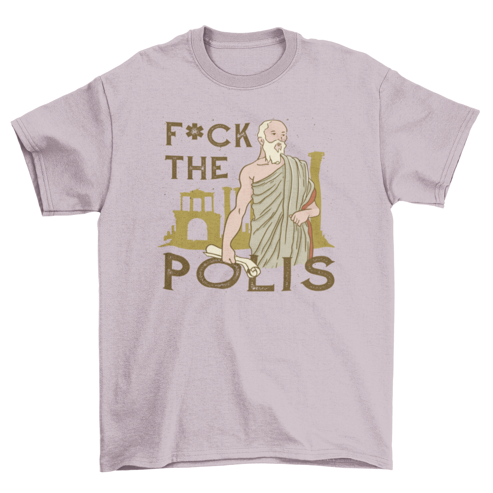 A stylish t-shirt featuring the quote 'F*ck the polis' with an illustration of an ancient Greek man.