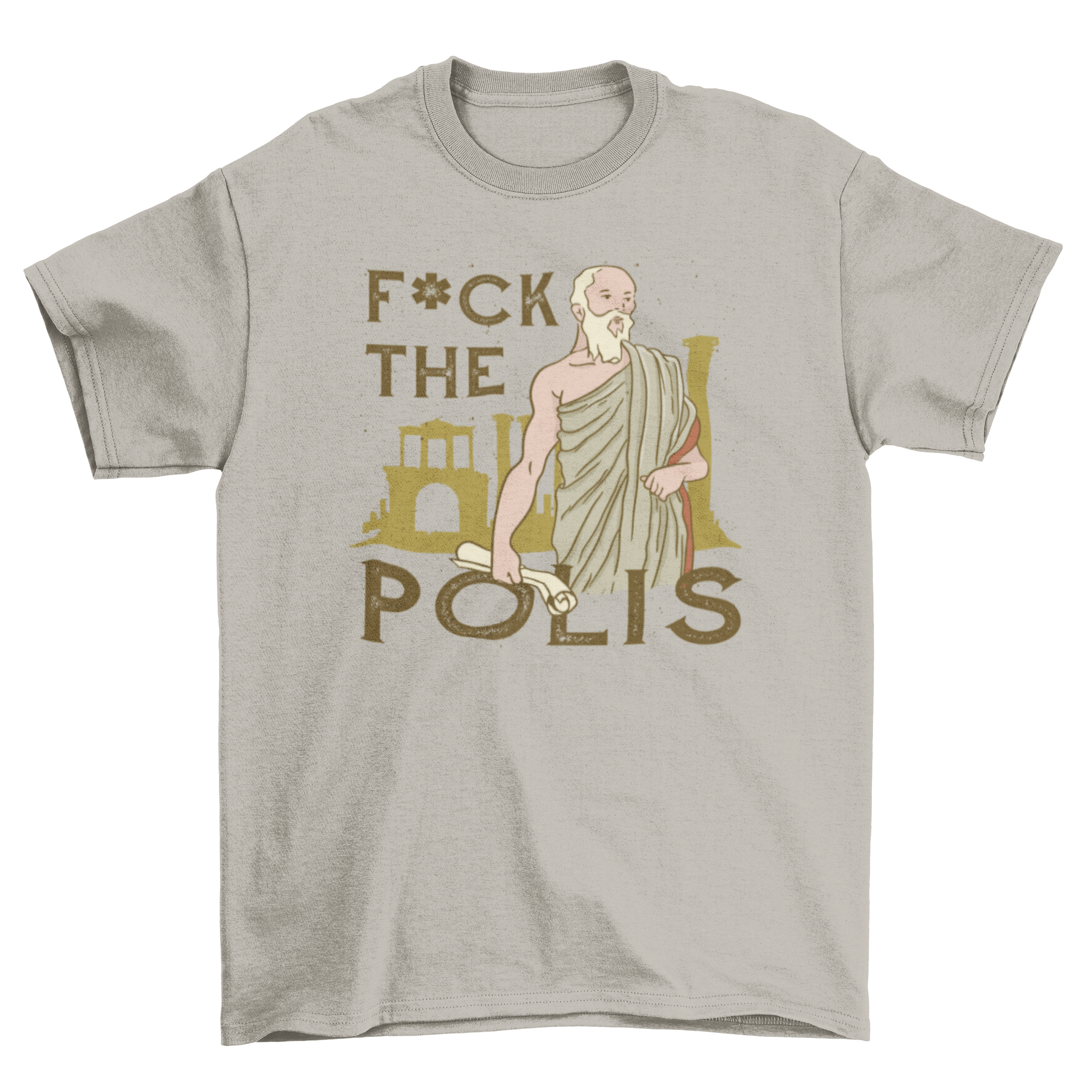 A stylish t-shirt featuring the quote 'F*ck the polis' with an illustration of an ancient Greek man.