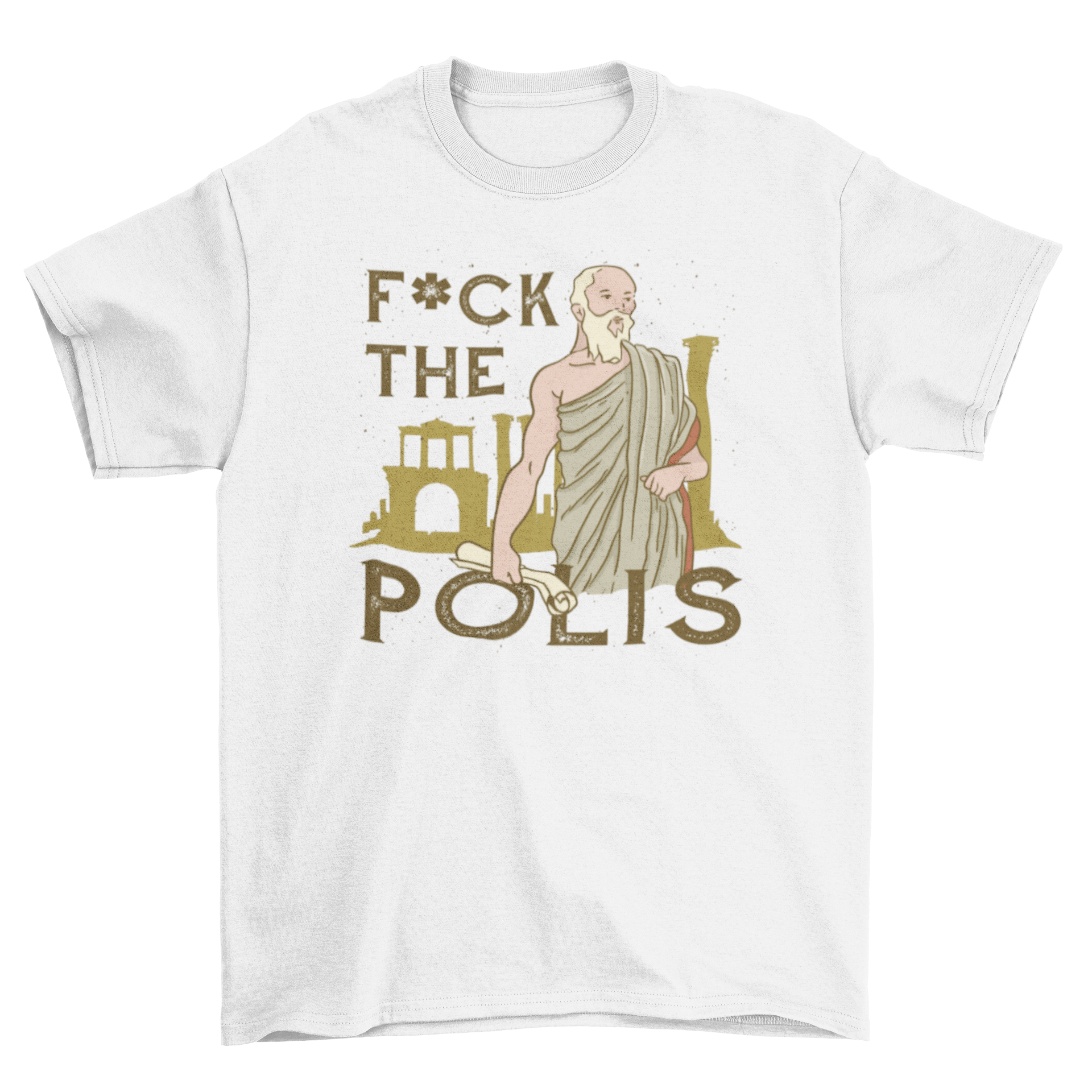 A stylish t-shirt featuring the quote 'F*ck the polis' with an illustration of an ancient Greek man.