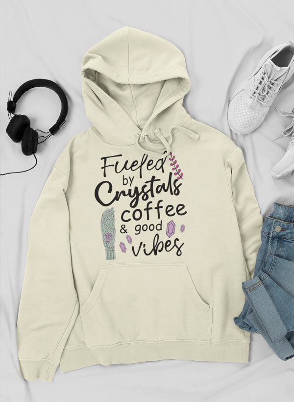 Cozy hoodie featuring a unique design with crystals and coffee theme, perfect for expressing good vibes.