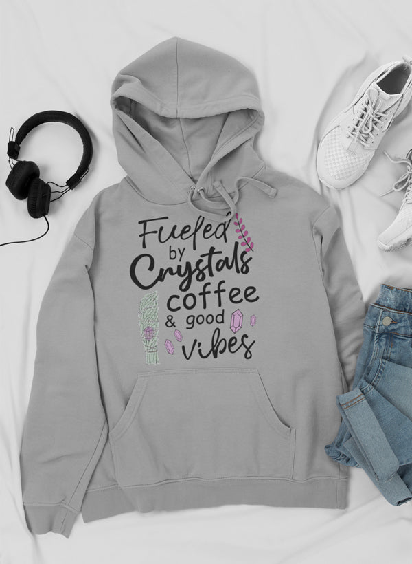 Cozy hoodie featuring a unique design with crystals and coffee theme, perfect for expressing good vibes.