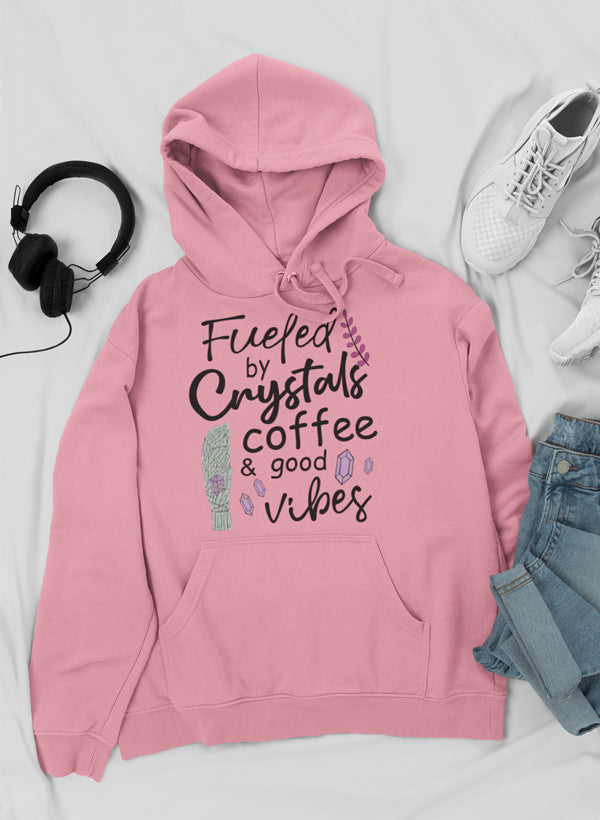 Cozy hoodie featuring a unique design with crystals and coffee theme, perfect for expressing good vibes.