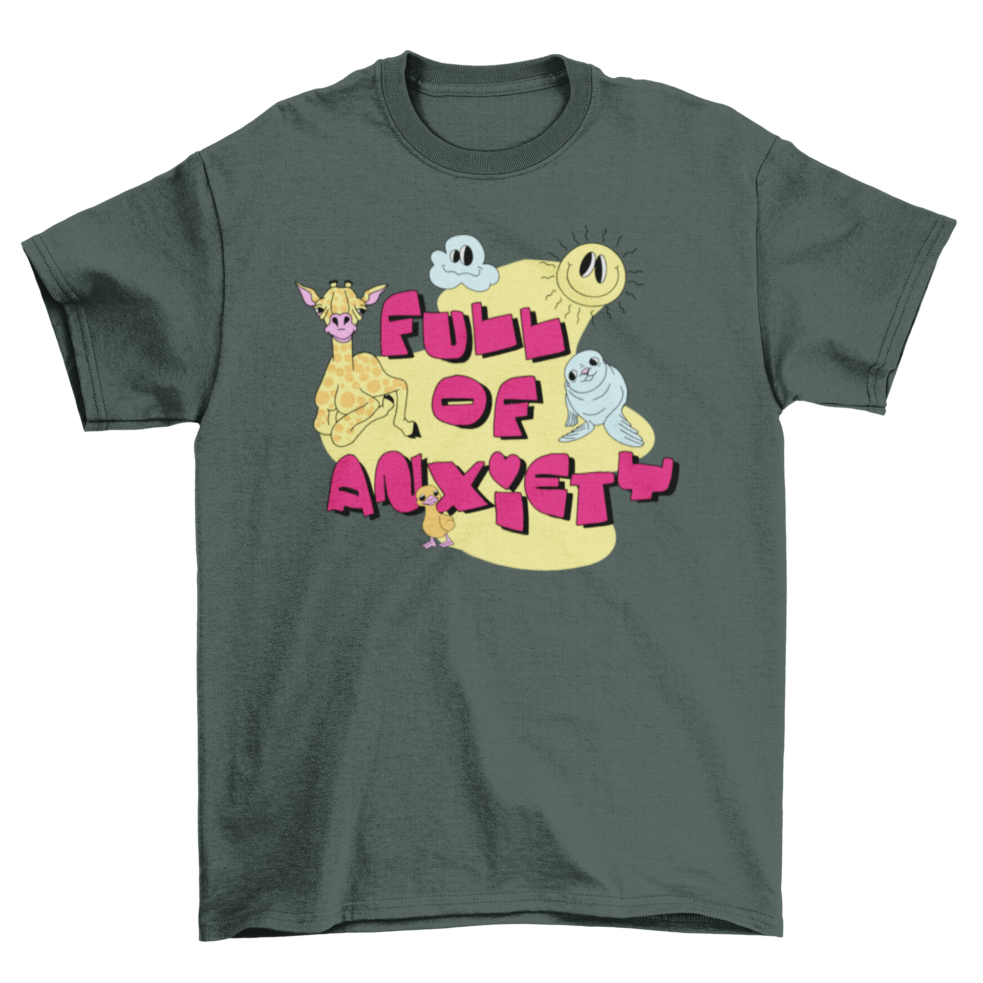 Colorful t-shirt featuring bizarre cartoons and the quote 'Full of anxiety', perfect for casual wear.