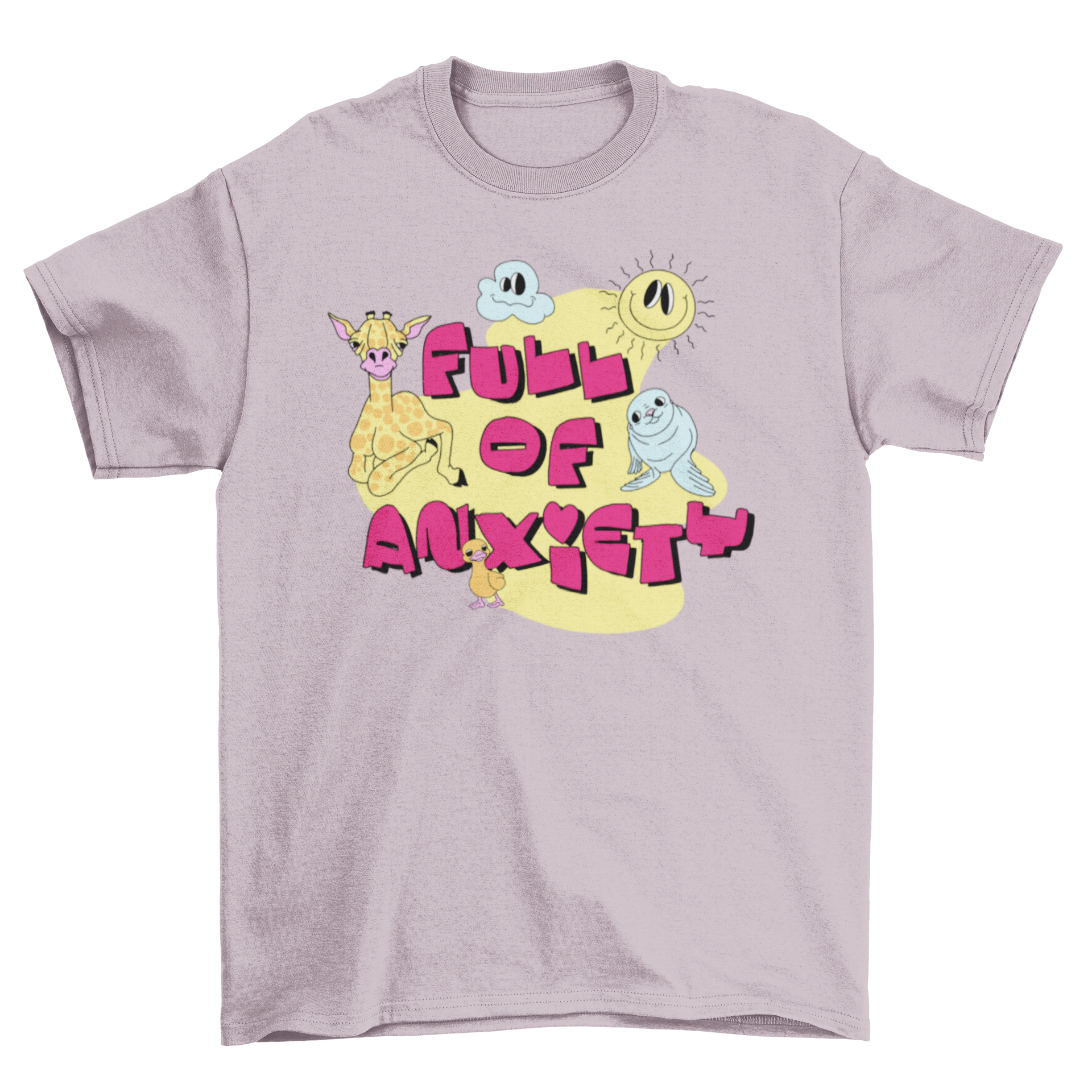 Colorful t-shirt featuring bizarre cartoons and the quote 'Full of anxiety', perfect for casual wear.