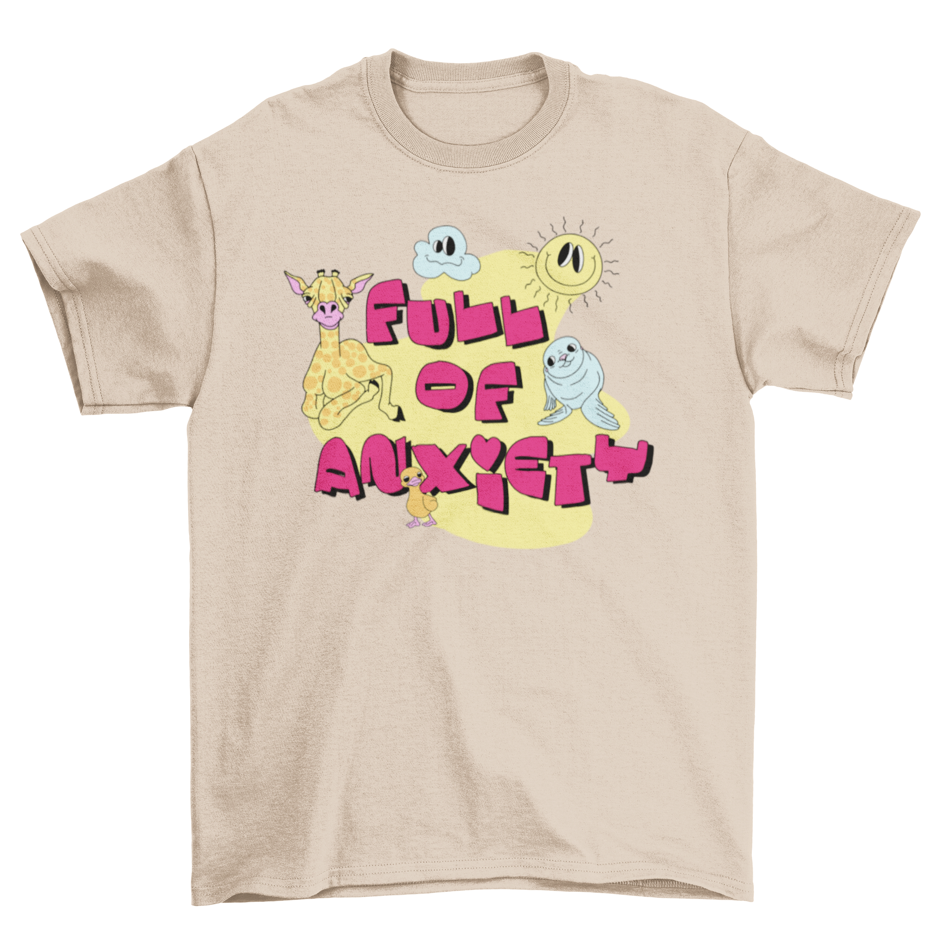 Colorful t-shirt featuring bizarre cartoons and the quote 'Full of anxiety', perfect for casual wear.