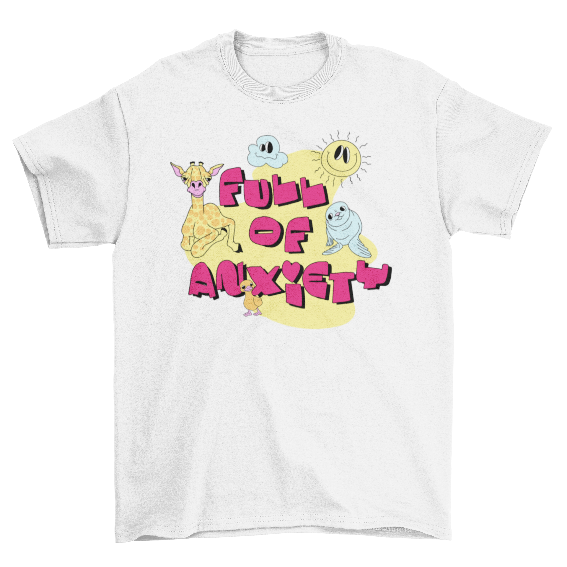 Colorful t-shirt featuring bizarre cartoons and the quote 'Full of anxiety', perfect for casual wear.