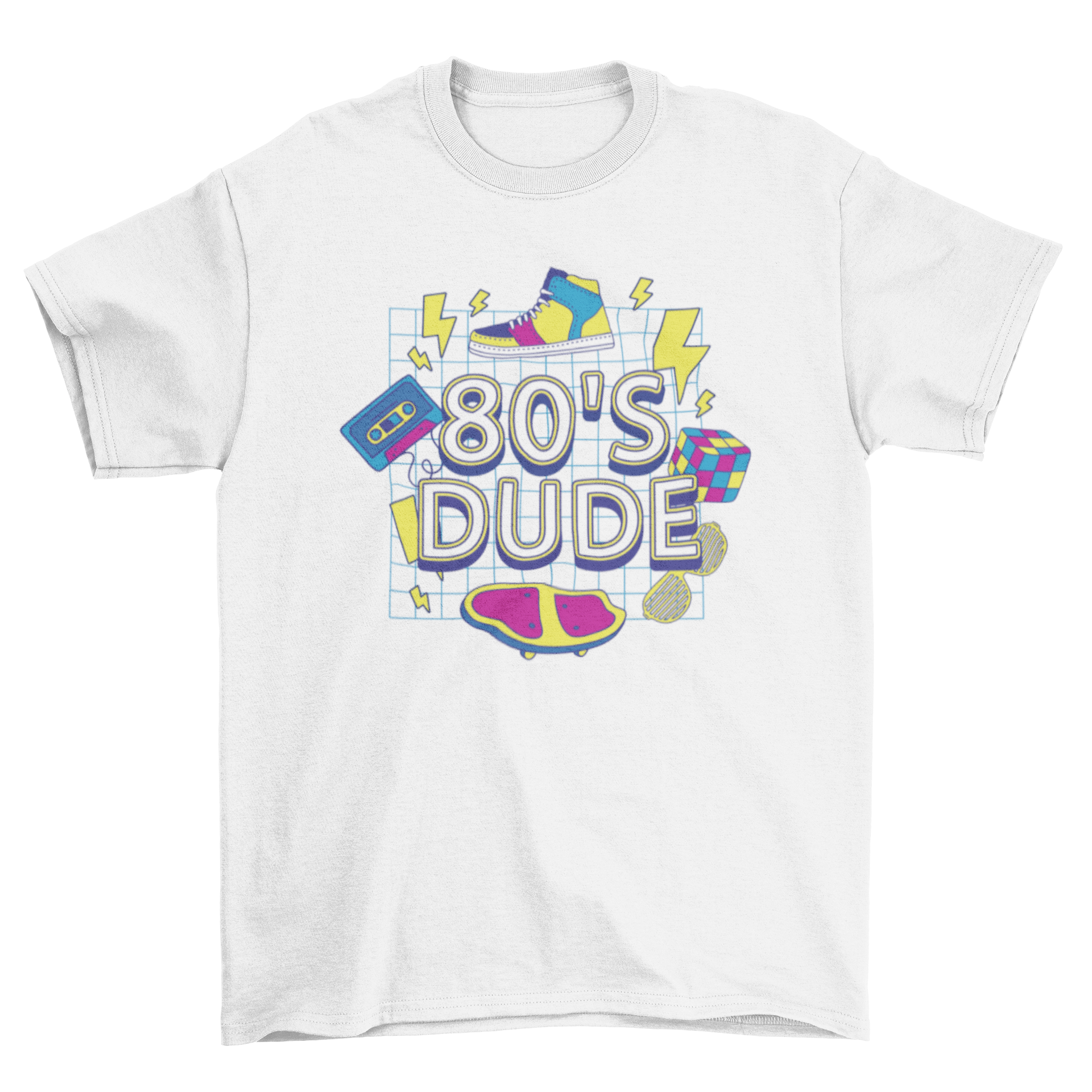 A vibrant t-shirt featuring 80s retro elements like a cassette tape, Rubik's cube, and skateboard, perfect for nostalgic fashion lovers.