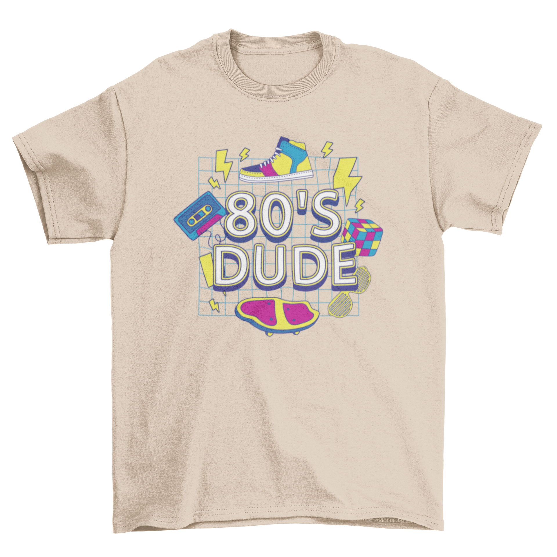 A vibrant t-shirt featuring 80s retro elements like a cassette tape, Rubik's cube, and skateboard, perfect for nostalgic fashion lovers.