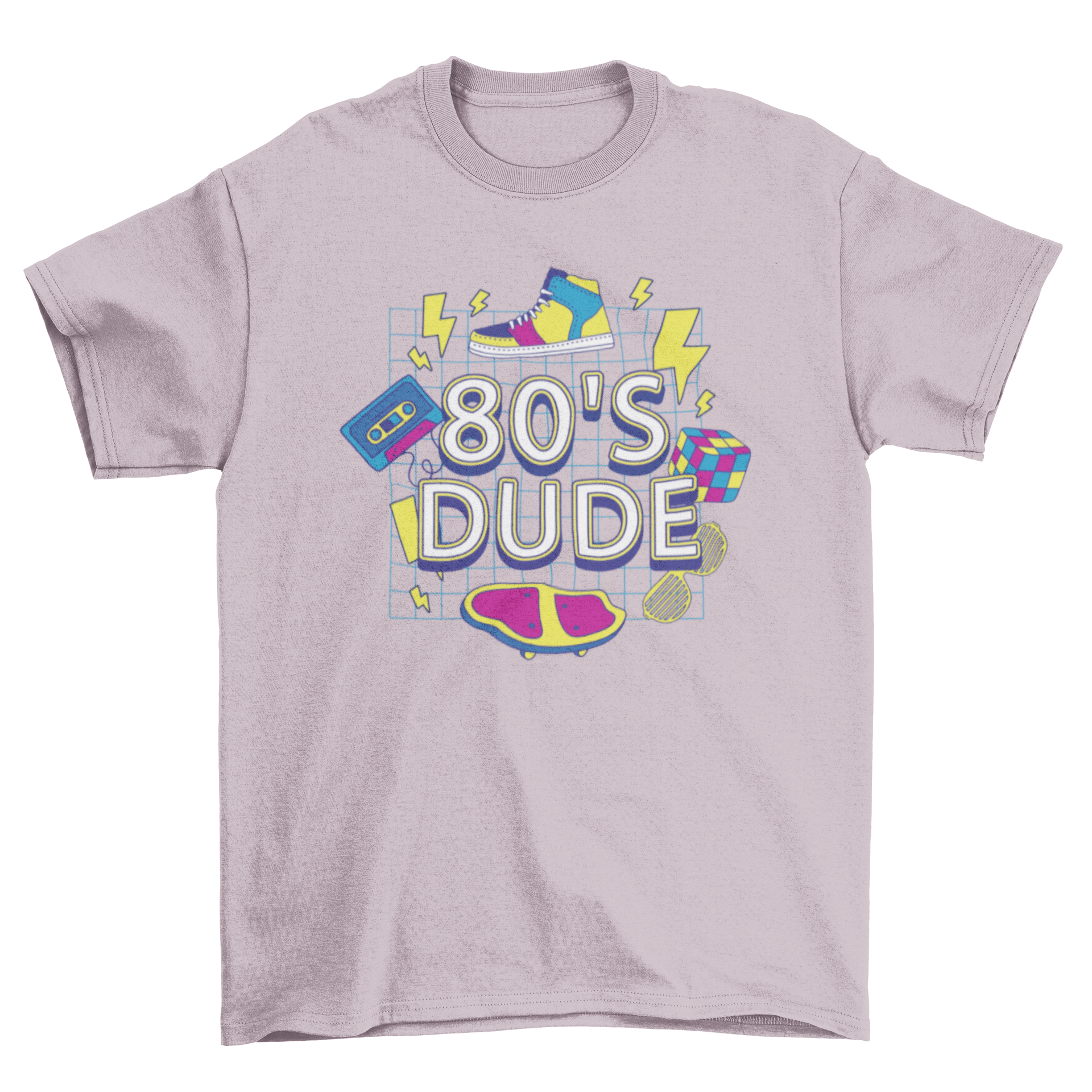 A vibrant t-shirt featuring 80s retro elements like a cassette tape, Rubik's cube, and skateboard, perfect for nostalgic fashion lovers.