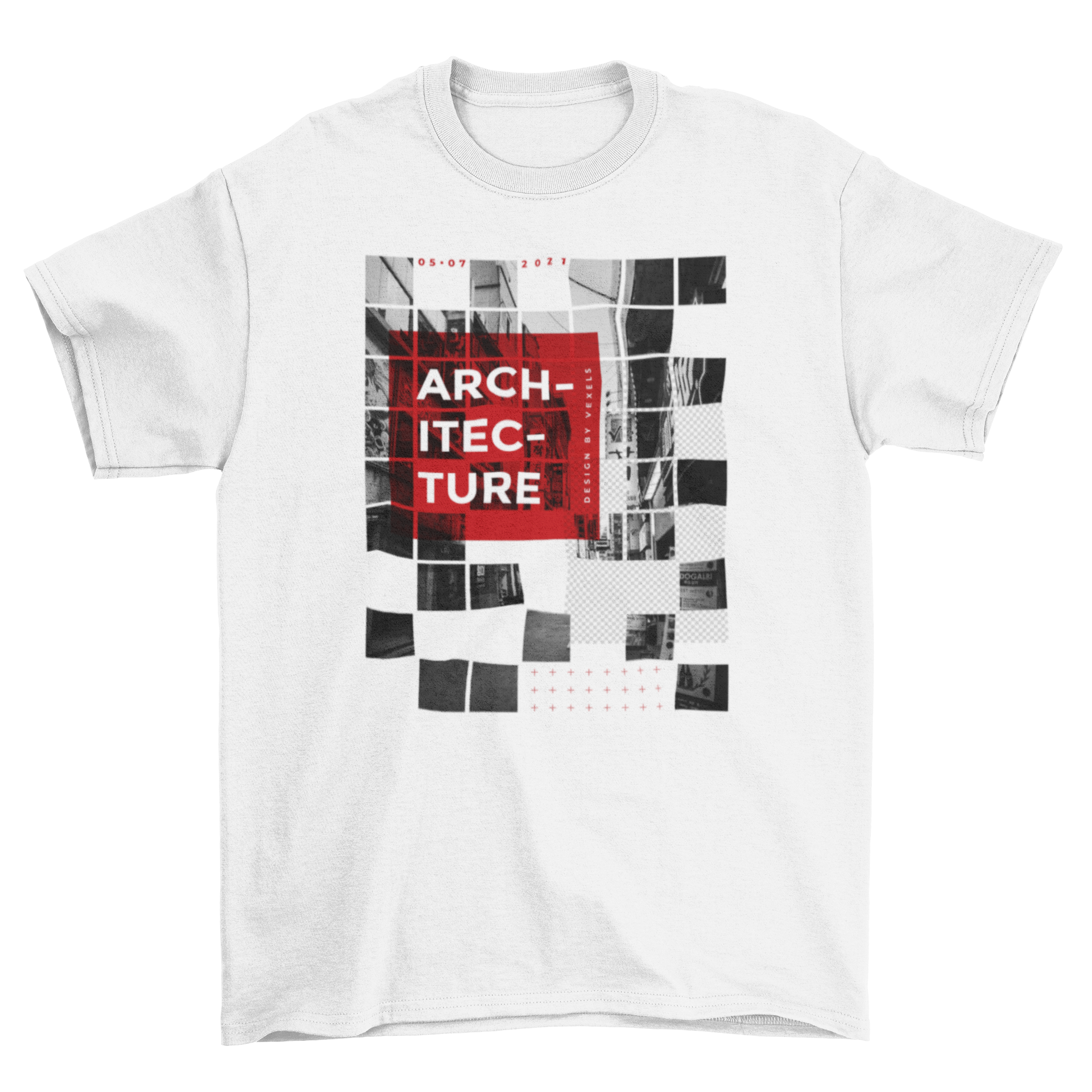 Fun t-shirt with a black and white abstract square grid design featuring the quote 'architecture'.