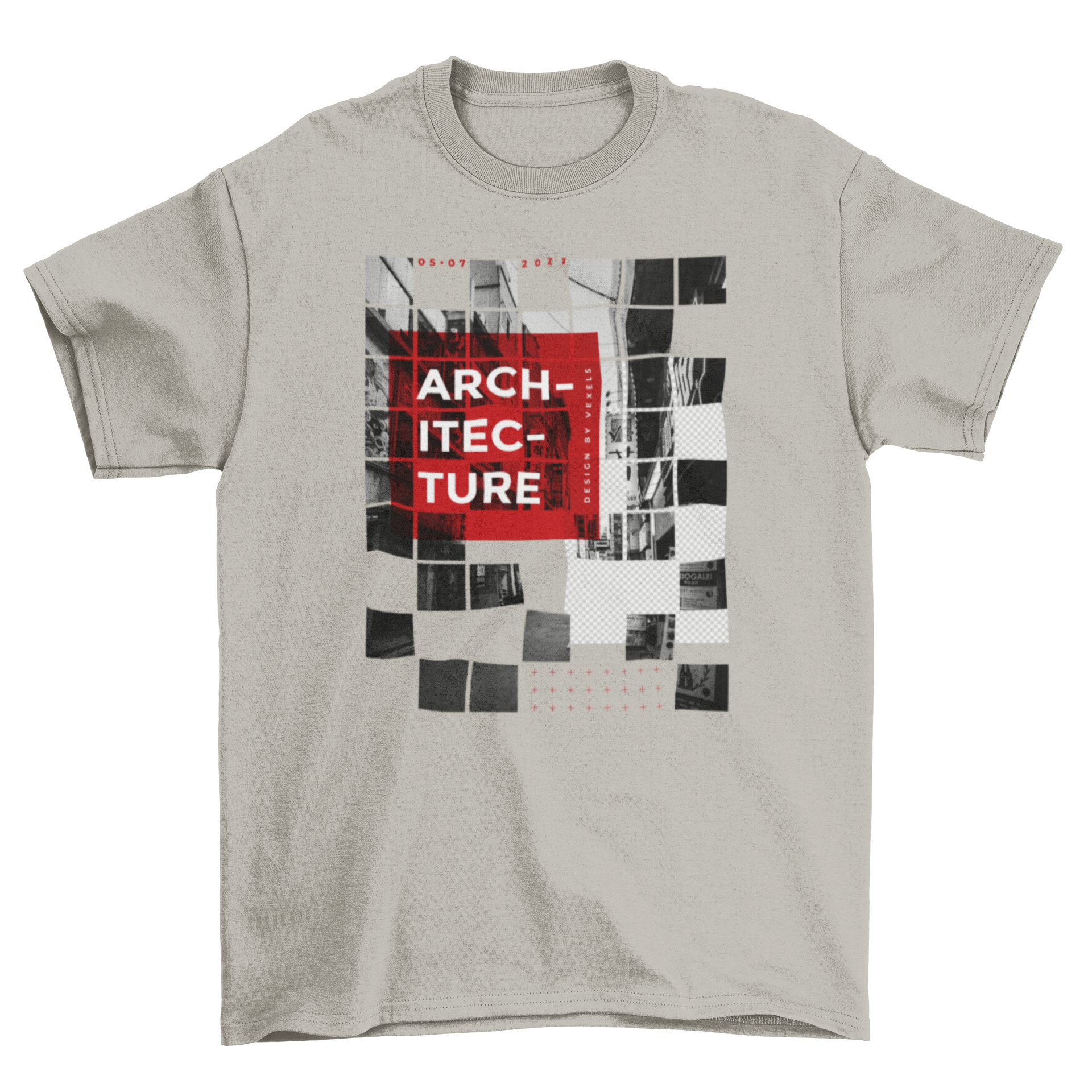 Fun t-shirt with a black and white abstract square grid design featuring the quote 'architecture'.