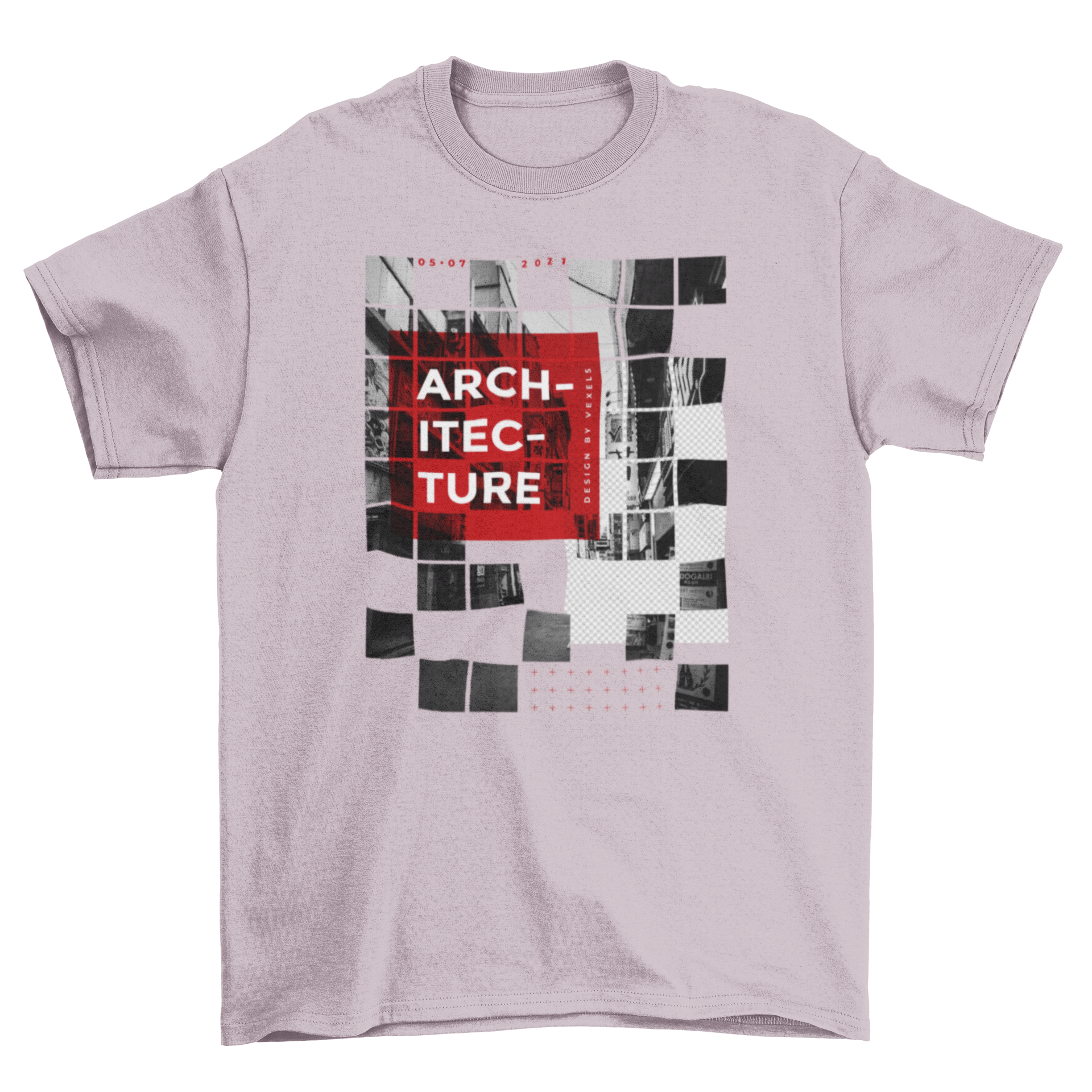 Fun t-shirt with a black and white abstract square grid design featuring the quote 'architecture'.