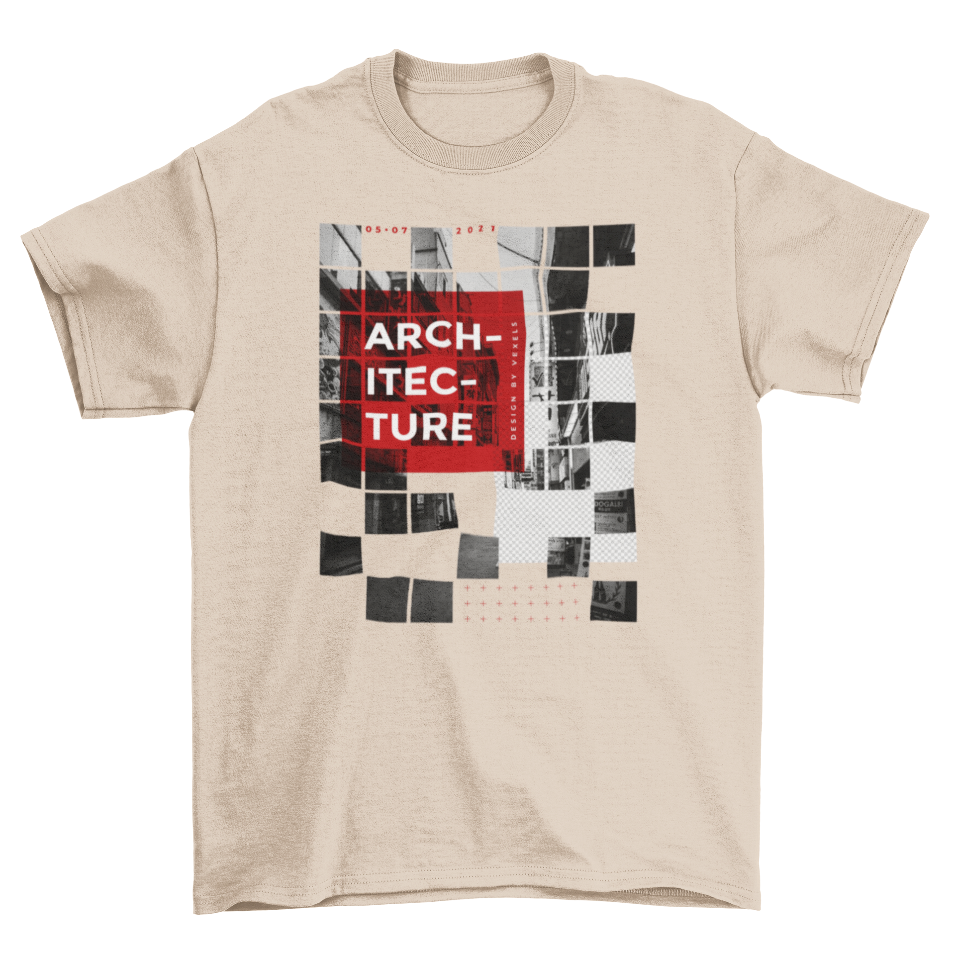 Fun t-shirt with a black and white abstract square grid design featuring the quote 'architecture'.