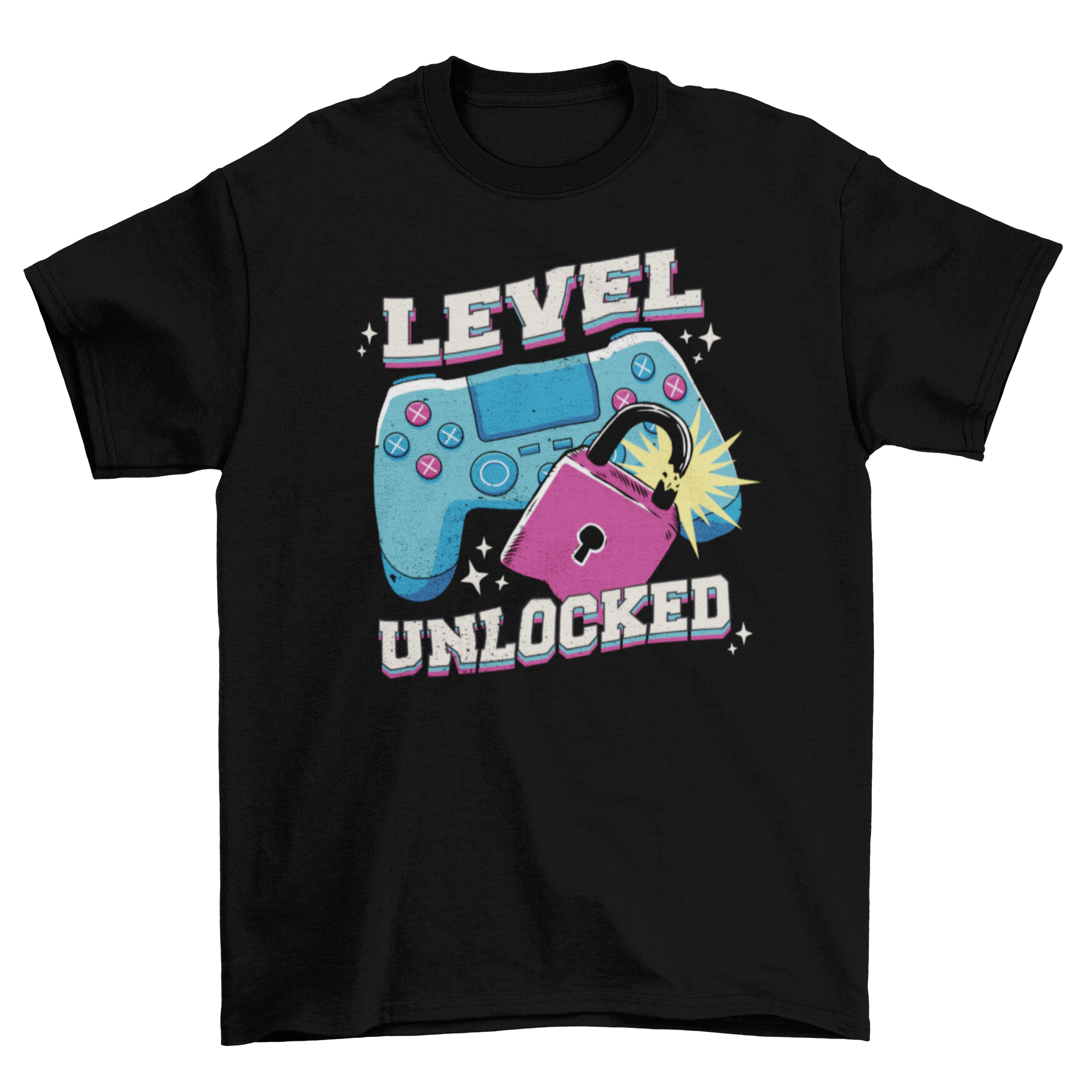 Fun Hobby Retro joystick gaming t-shirt featuring a joystick and the quote 'Level Unlocked' in vibrant colors.