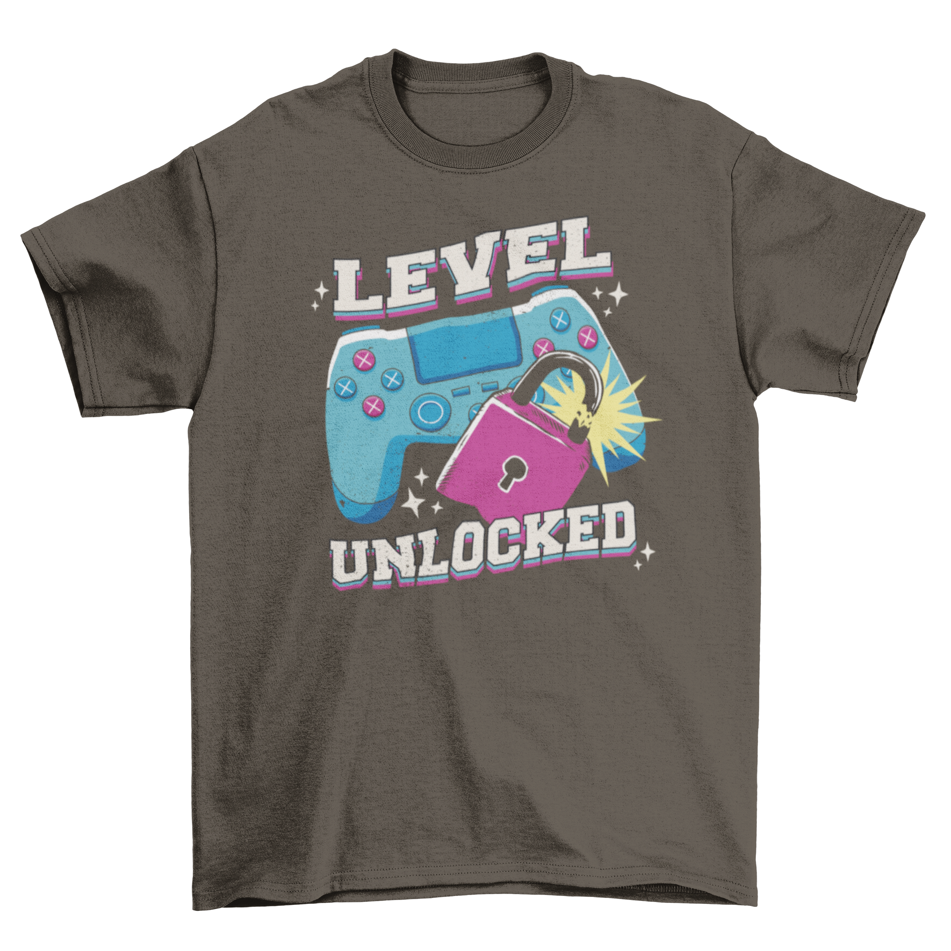 Fun Hobby Retro joystick gaming t-shirt featuring a joystick and the quote 'Level Unlocked' in vibrant colors.