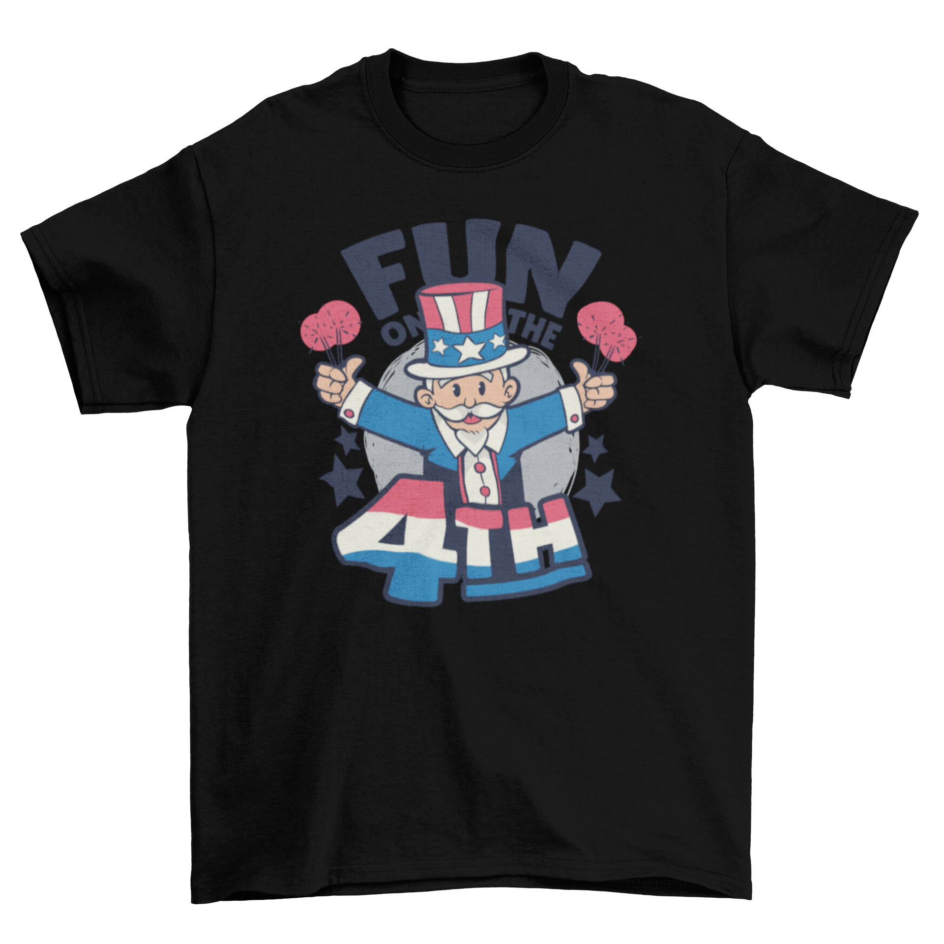 Fun on the 4th July T-shirt featuring a colorful Uncle Sam cartoon and bold text.