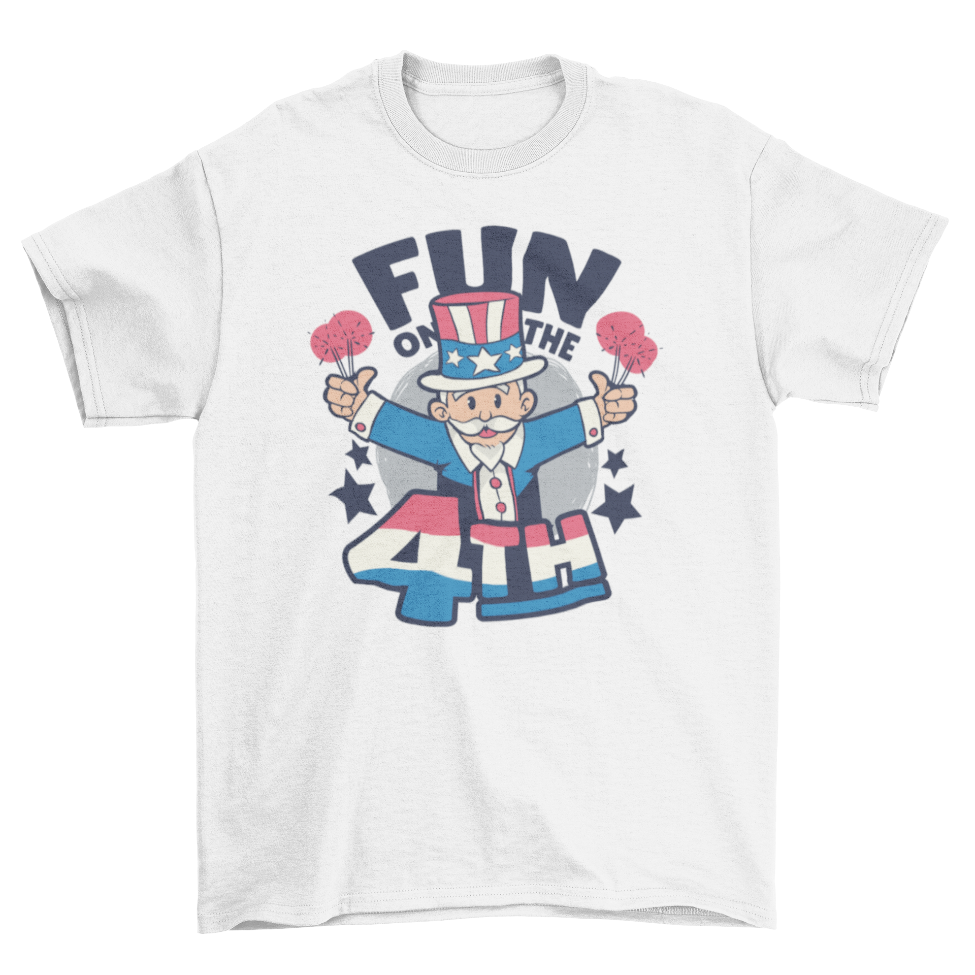 Fun on the 4th July T-shirt featuring a colorful Uncle Sam cartoon and bold text.