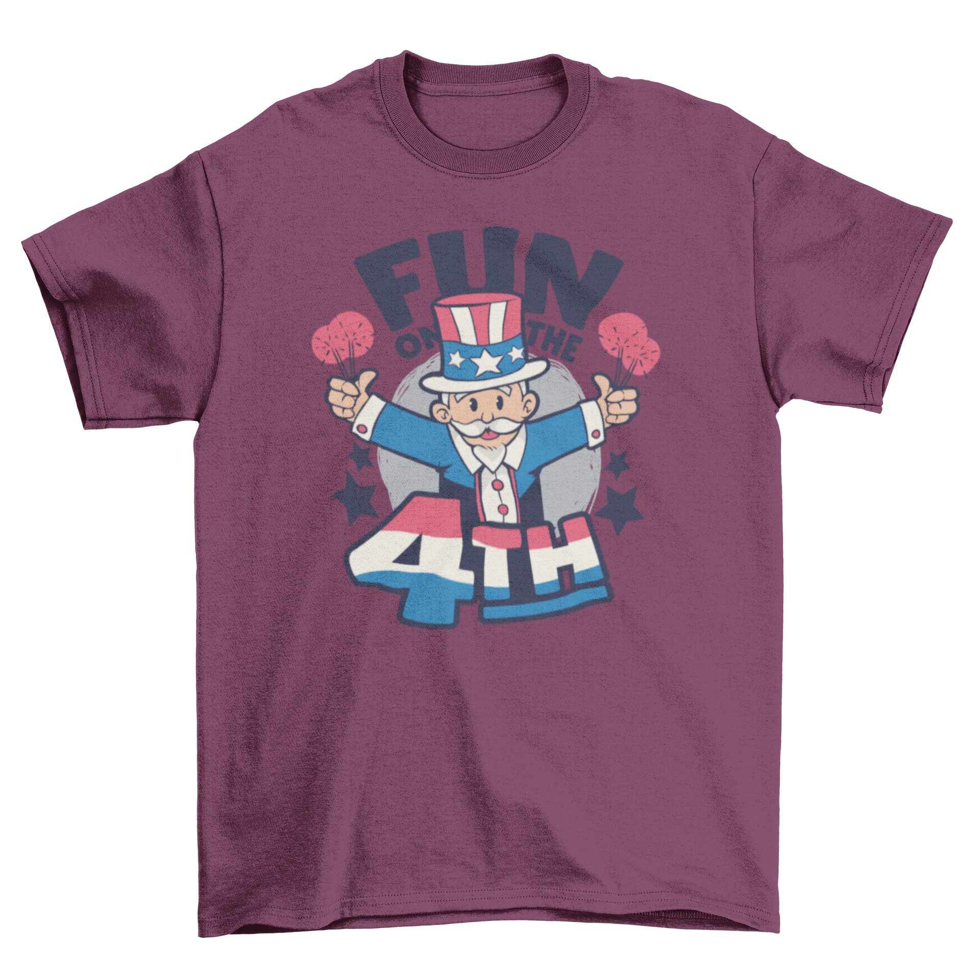 Fun on the 4th July T-shirt featuring a colorful Uncle Sam cartoon and bold text.