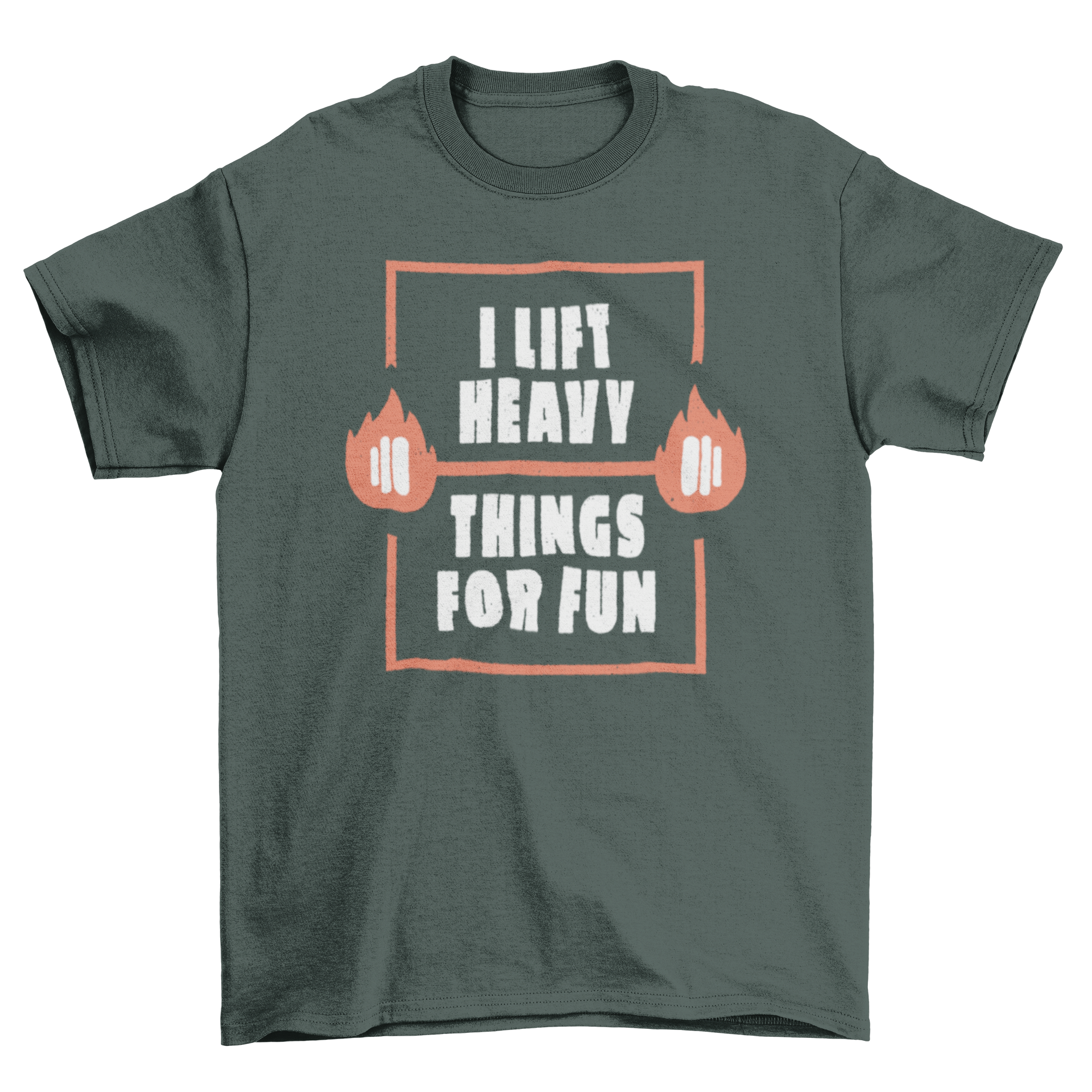 A vibrant t-shirt featuring weights made of fire and the quote 'I lift heavy things for fun', perfect for fitness enthusiasts.