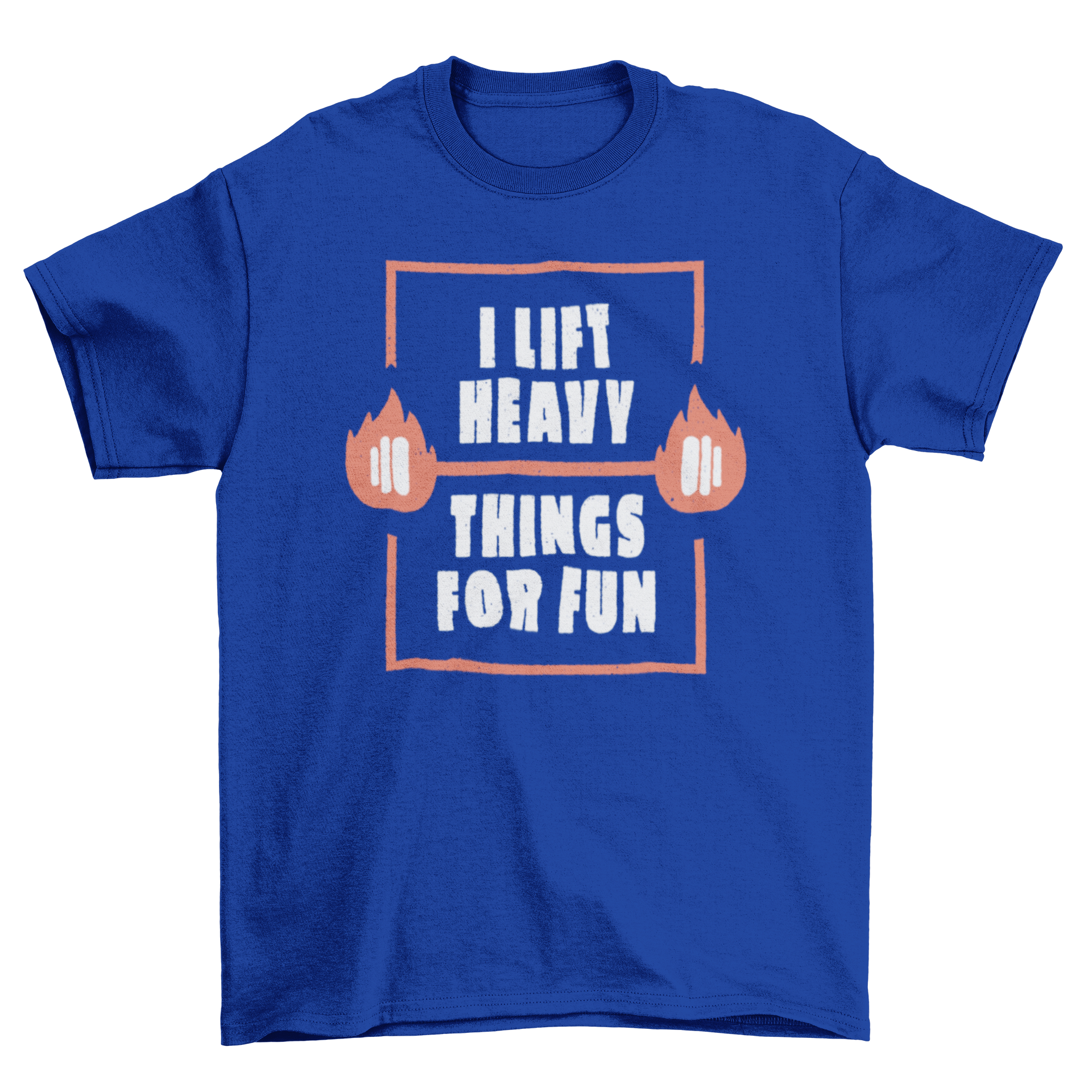 A vibrant t-shirt featuring weights made of fire and the quote 'I lift heavy things for fun', perfect for fitness enthusiasts.