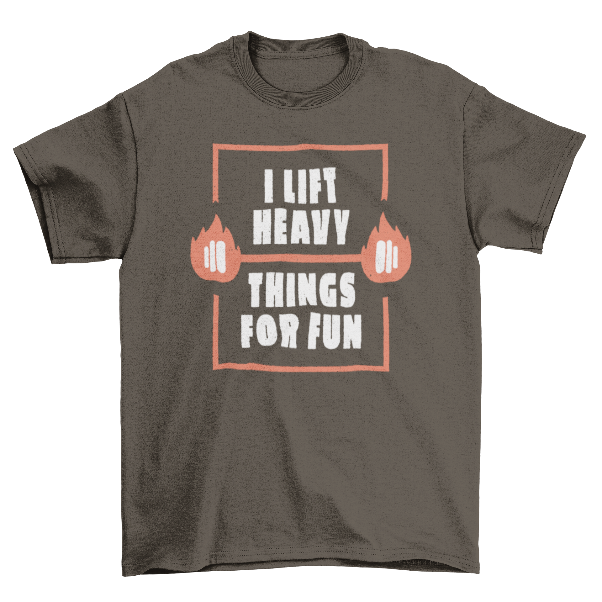 A vibrant t-shirt featuring weights made of fire and the quote 'I lift heavy things for fun', perfect for fitness enthusiasts.