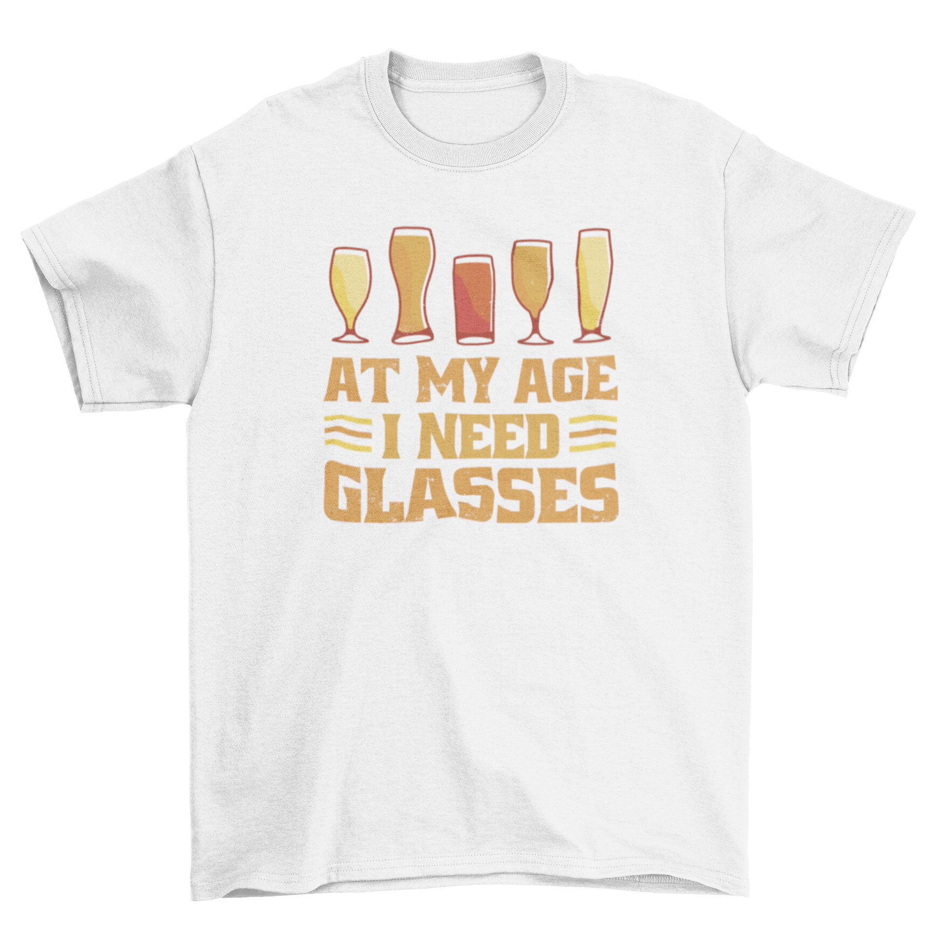 Funny alcoholic drinks t-shirt featuring colorful drink illustrations and the quote 'At my age I need glasses'.