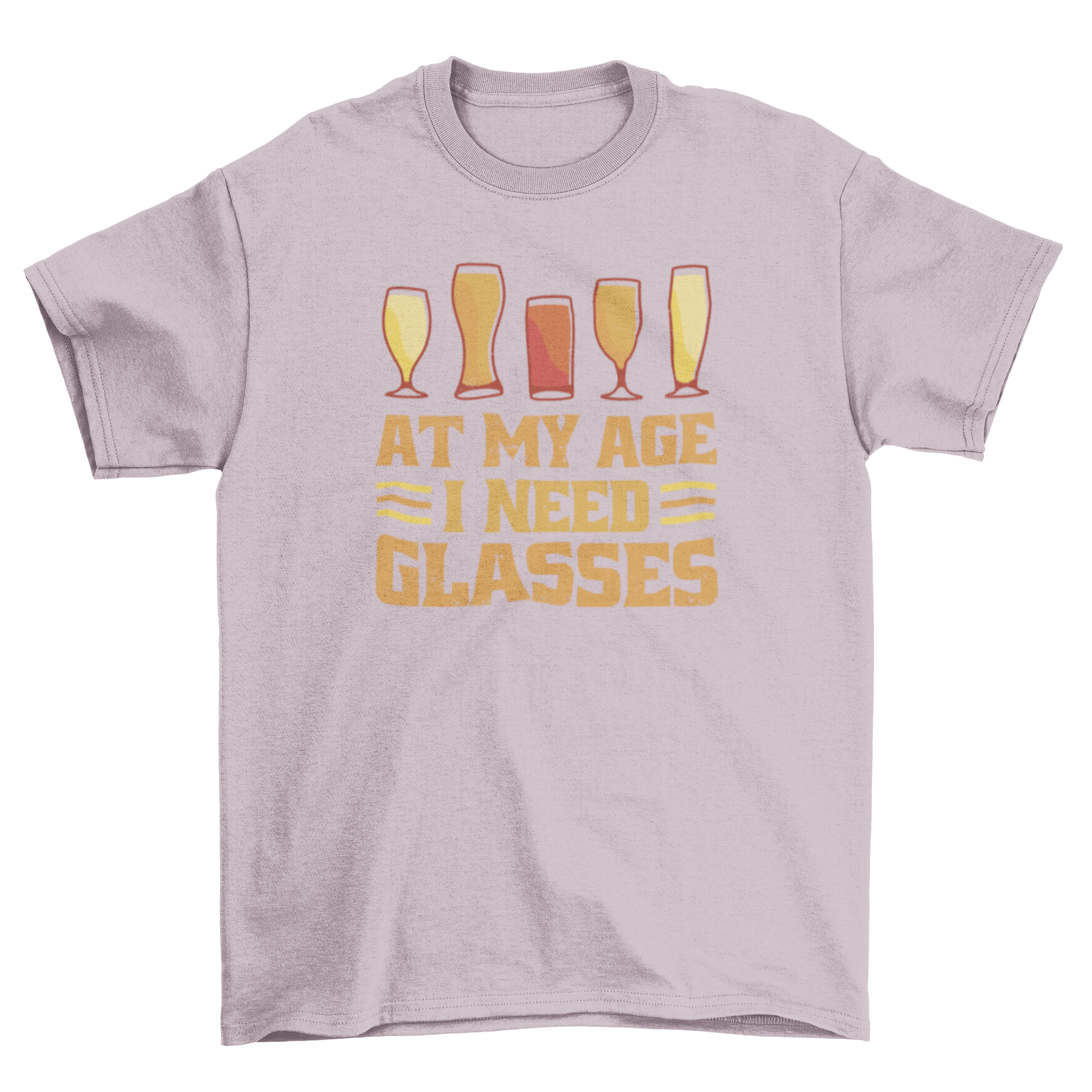 Funny alcoholic drinks t-shirt featuring colorful drink illustrations and the quote 'At my age I need glasses'.