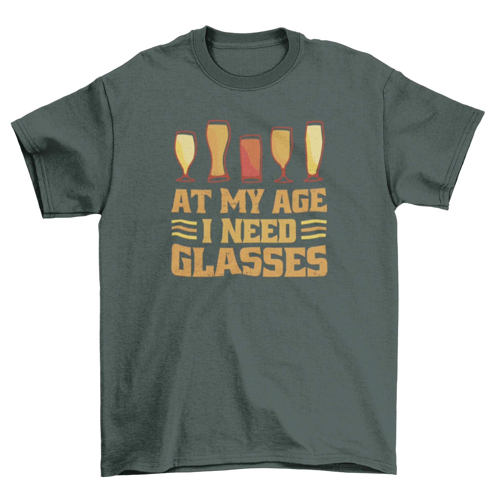 Funny alcoholic drinks t-shirt featuring colorful drink illustrations and the quote 'At my age I need glasses'.