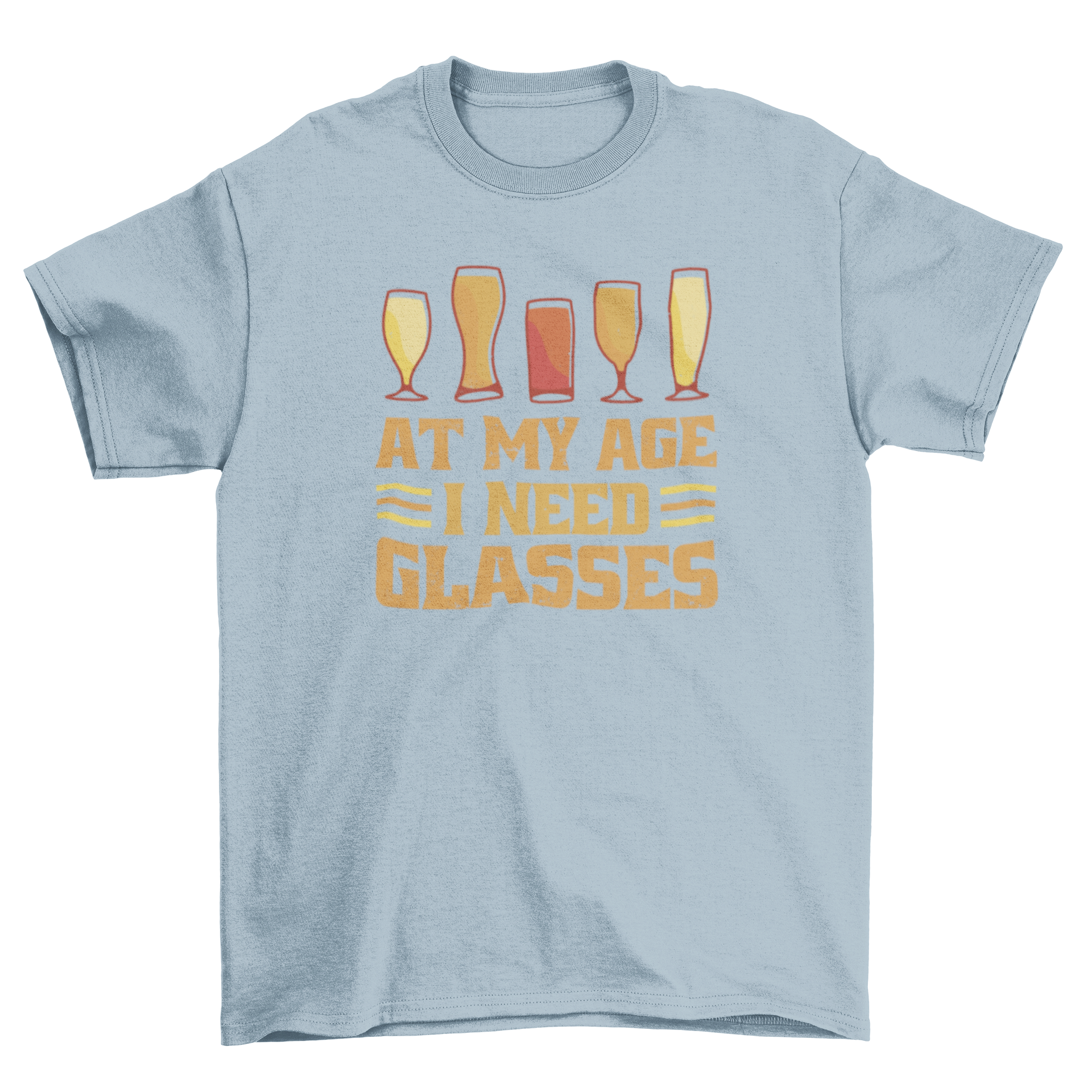 Funny alcoholic drinks t-shirt featuring colorful drink illustrations and the quote 'At my age I need glasses'.