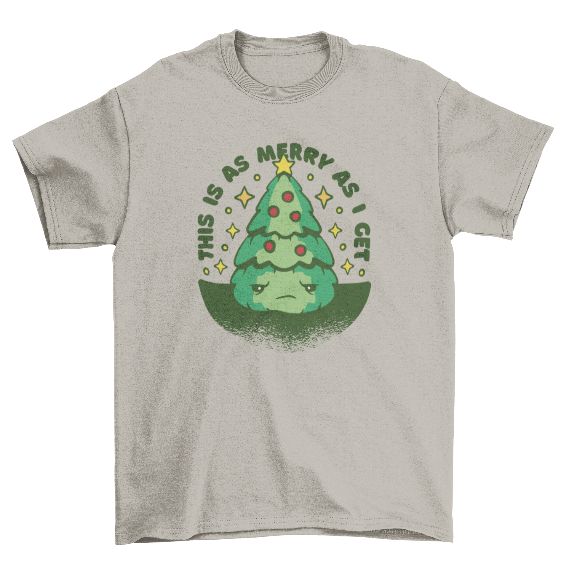 Funny anti-Christmas tree t-shirt featuring a grumpy tree and the quote 'This is as merry as I get'.