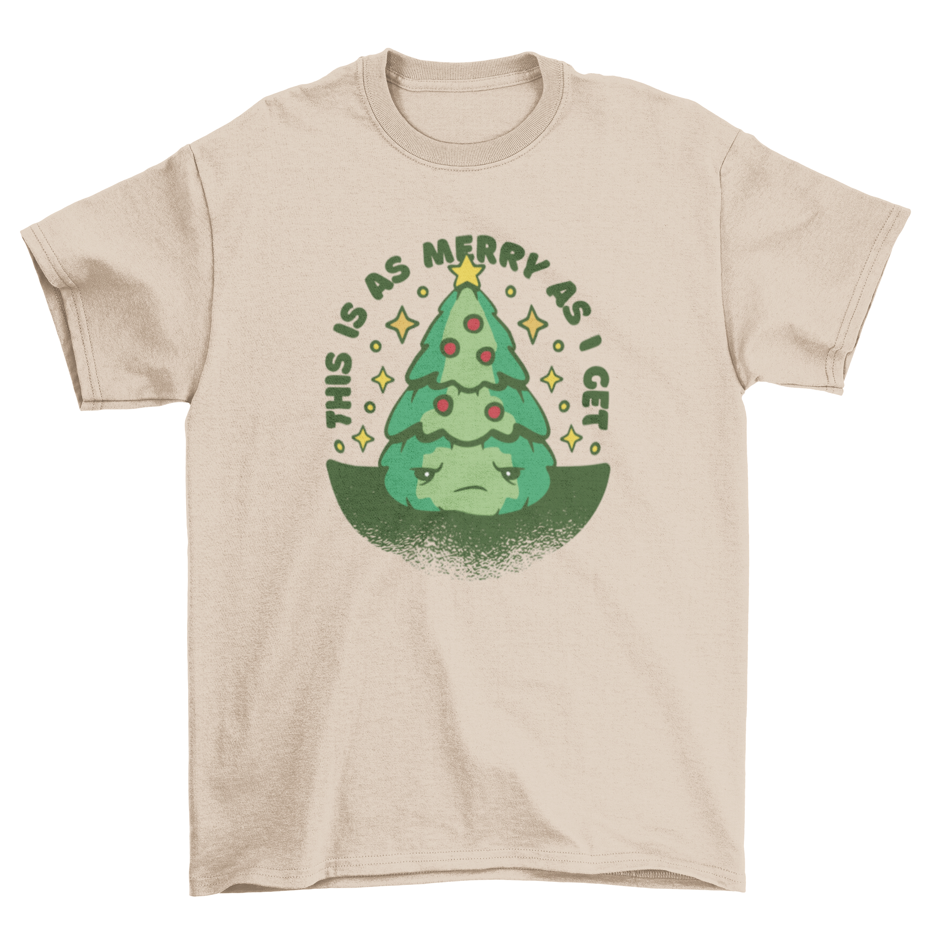 Funny anti-Christmas tree t-shirt featuring a grumpy tree and the quote 'This is as merry as I get'.