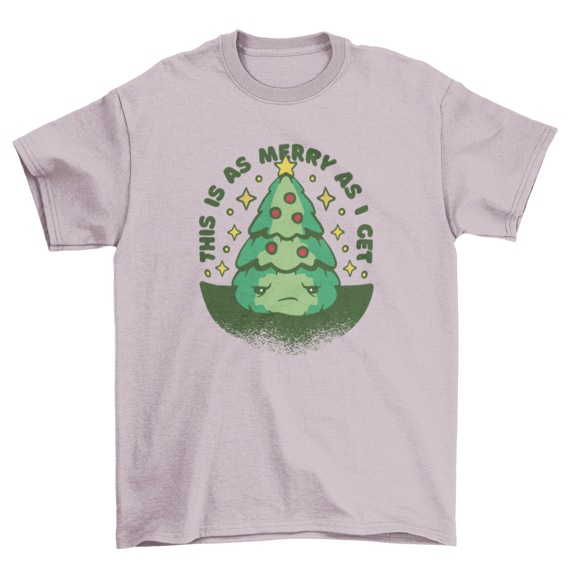 Funny anti-Christmas tree t-shirt featuring a grumpy tree and the quote 'This is as merry as I get'.