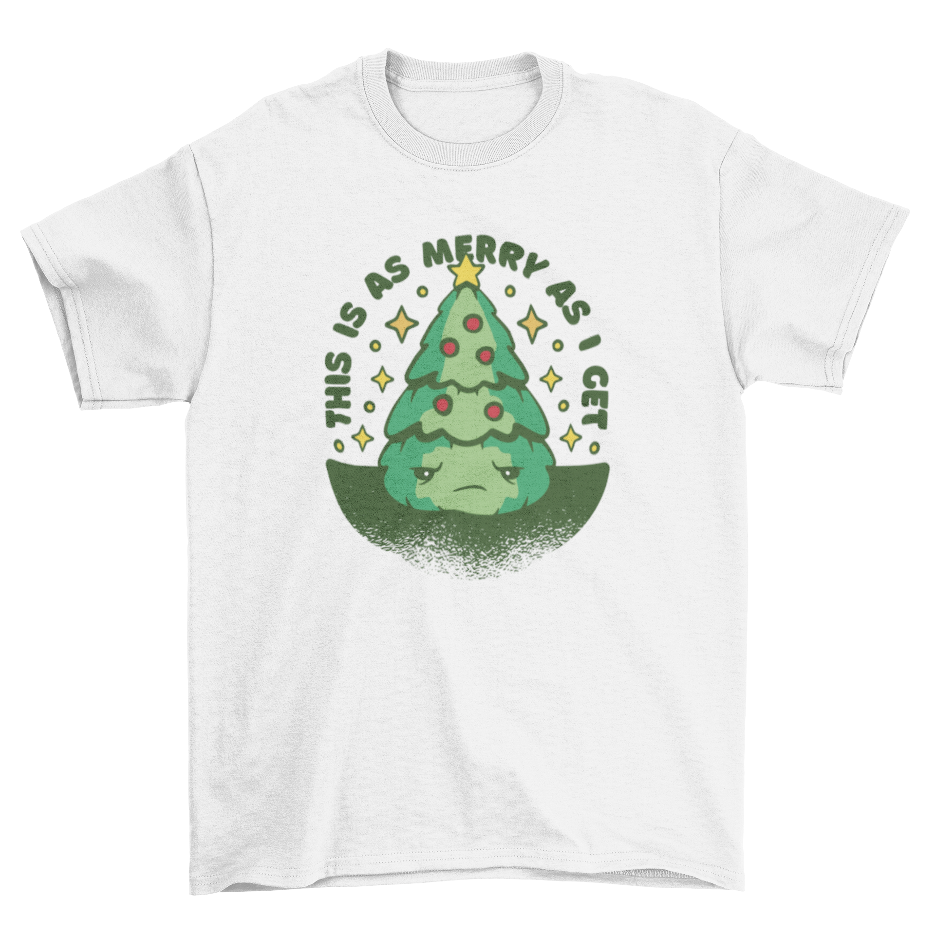 Funny anti-Christmas tree t-shirt featuring a grumpy tree and the quote 'This is as merry as I get'.