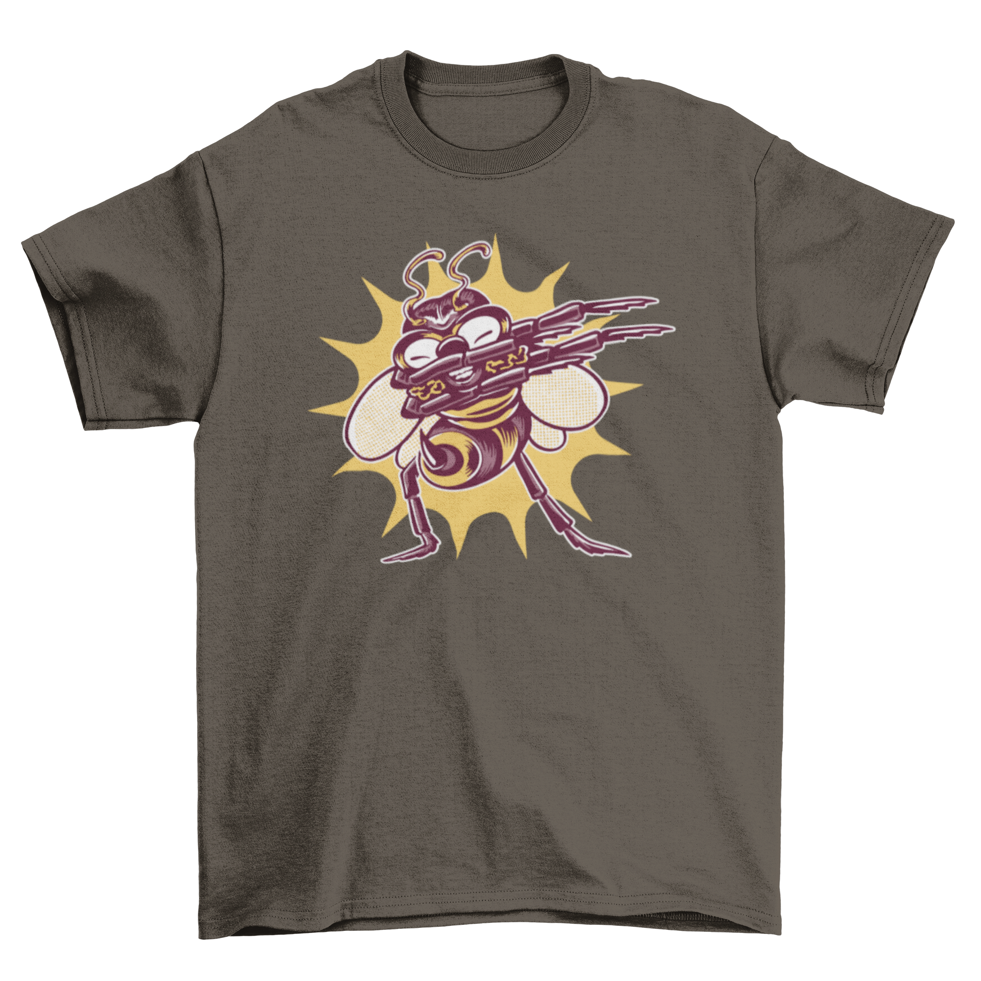 A humorous t-shirt featuring a cartoon bee dabbing, showcasing a fun and playful design.