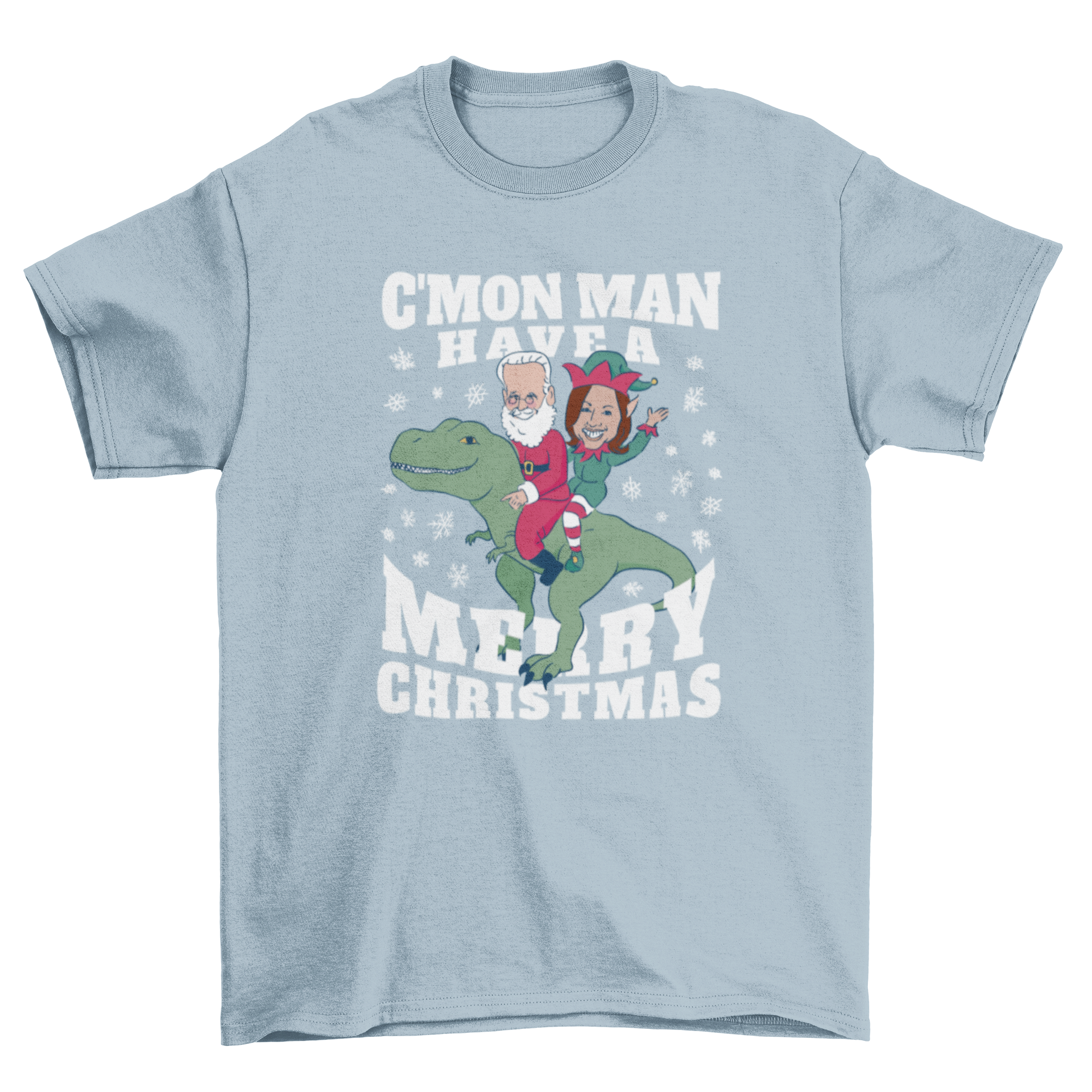 Funny Biden and Kamala Christmas T-Rex T-Shirt featuring a colorful design of Biden and Kamala riding a T-Rex with a festive quote.