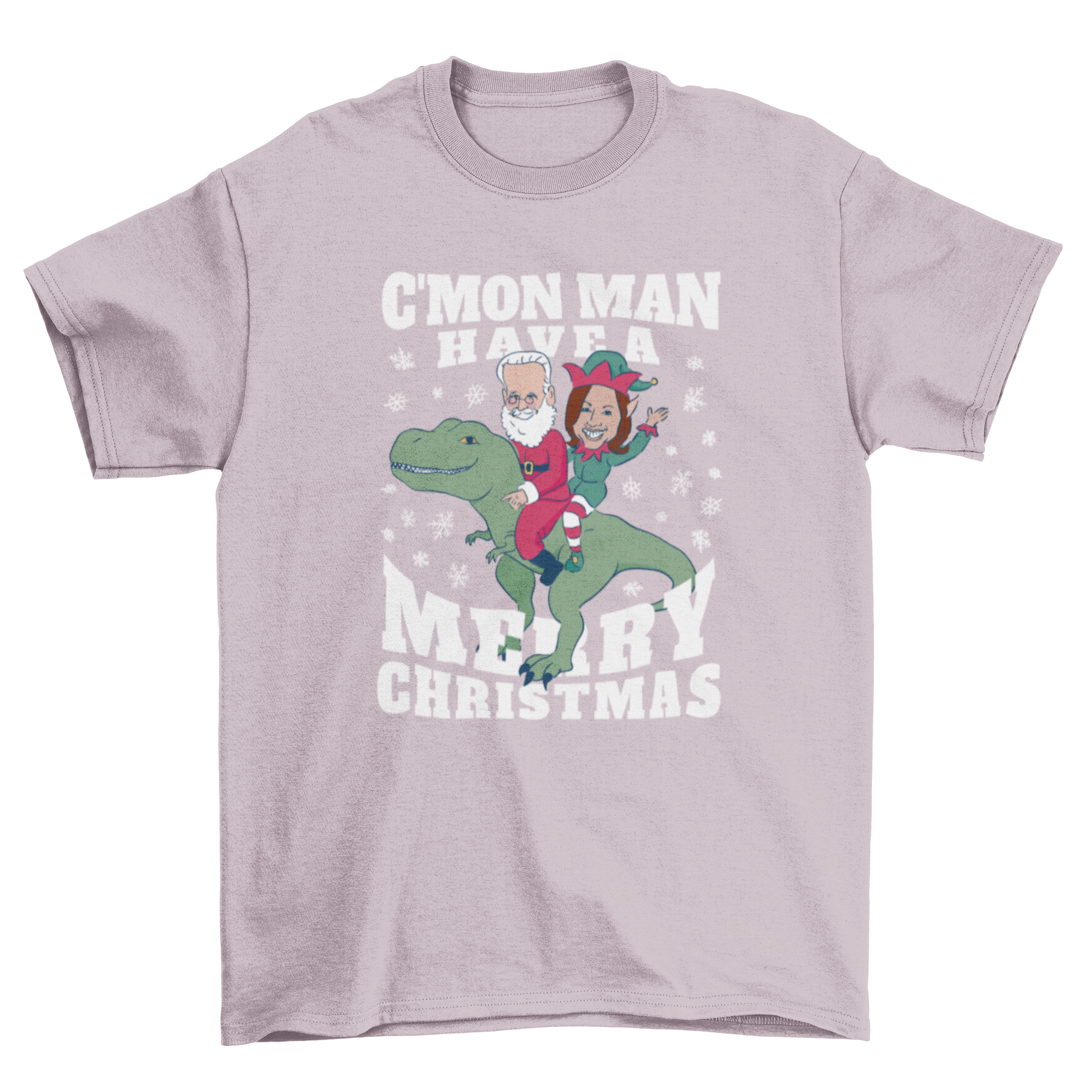 Funny Biden and Kamala Christmas T-Rex T-Shirt featuring a colorful design of Biden and Kamala riding a T-Rex with a festive quote.